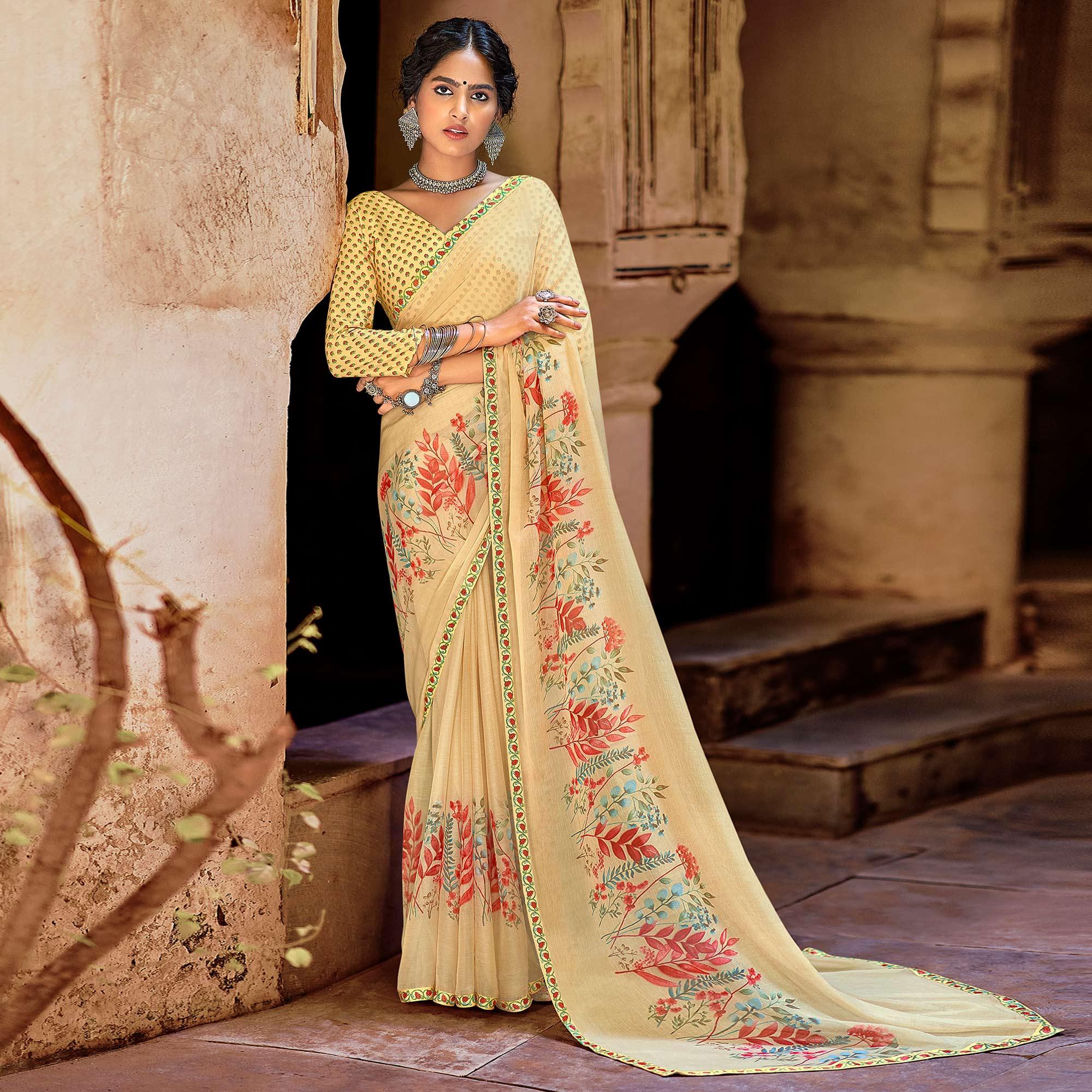 Light Yellow Casual Wear Floral Printed Chiffon Saree With Fancy Blouse - Peachmode