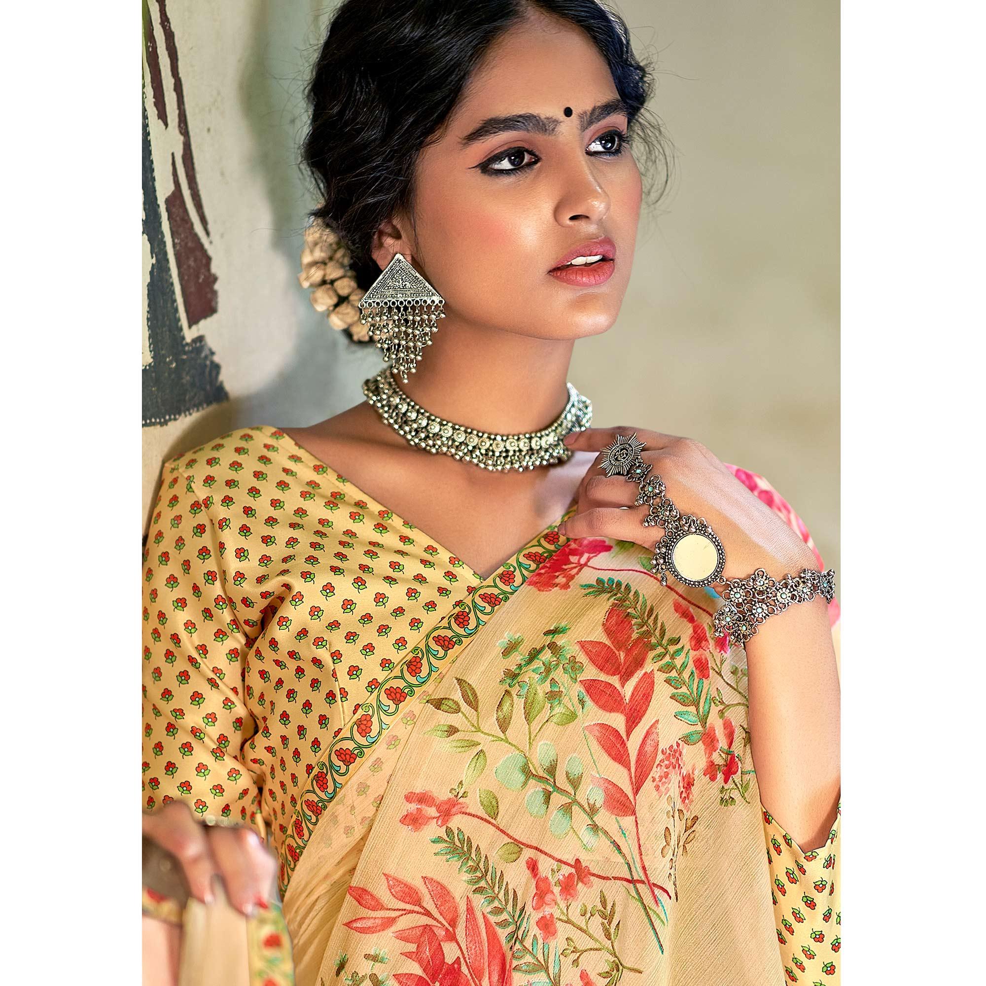 Light Yellow Casual Wear Floral Printed Chiffon Saree With Fancy Blouse - Peachmode