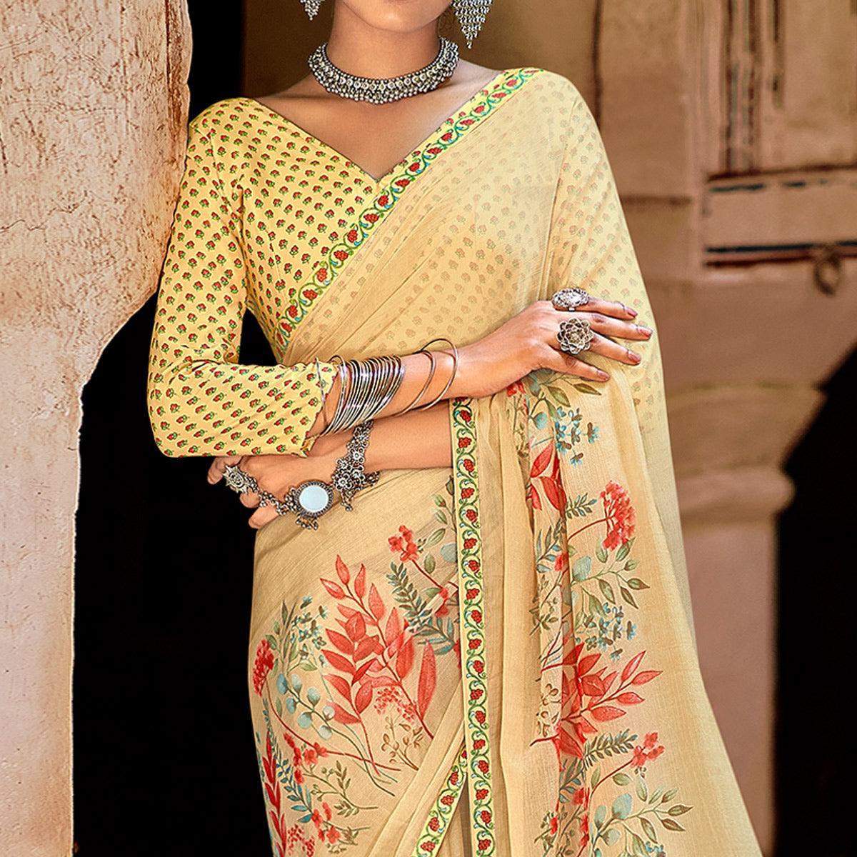 Light Yellow Casual Wear Floral Printed Chiffon Saree With Fancy Blouse - Peachmode