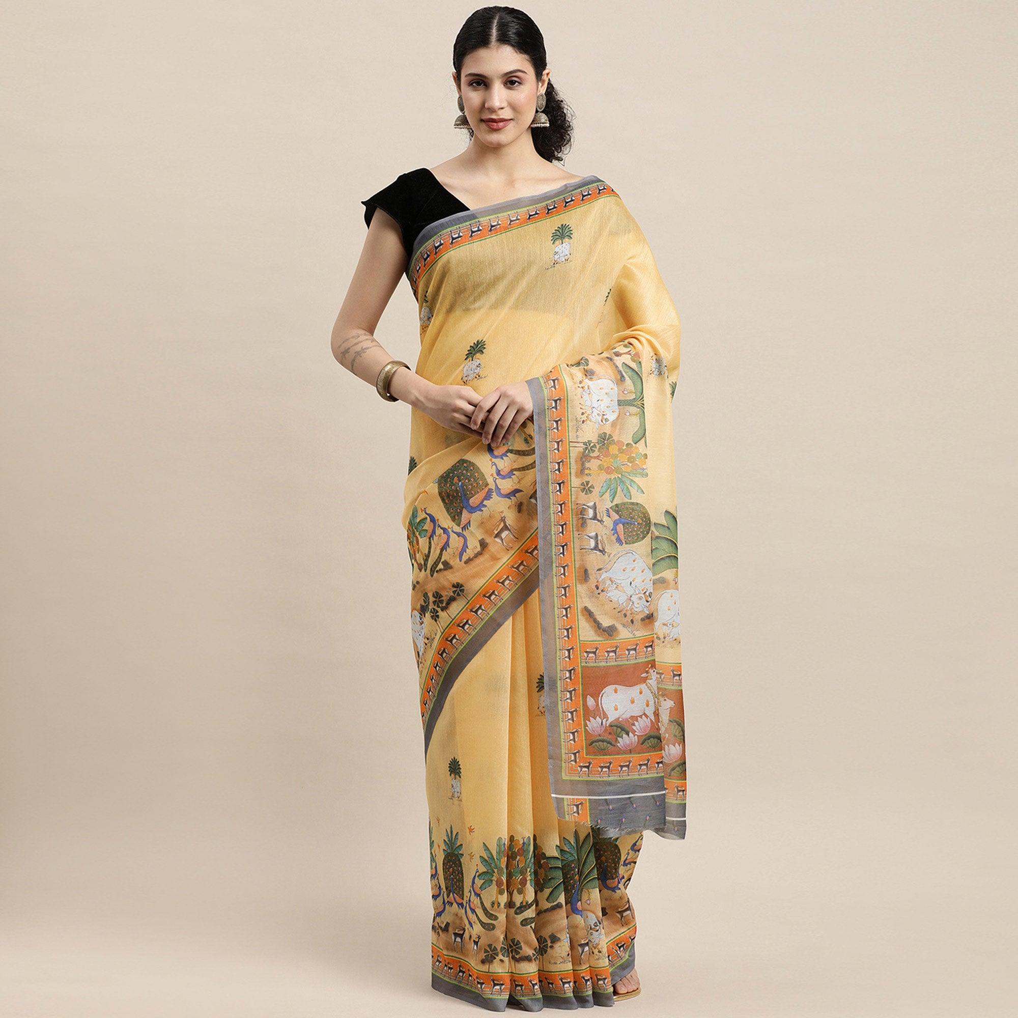 Light Yellow Casual Wear Floral Printed Cotton Saree - Peachmode