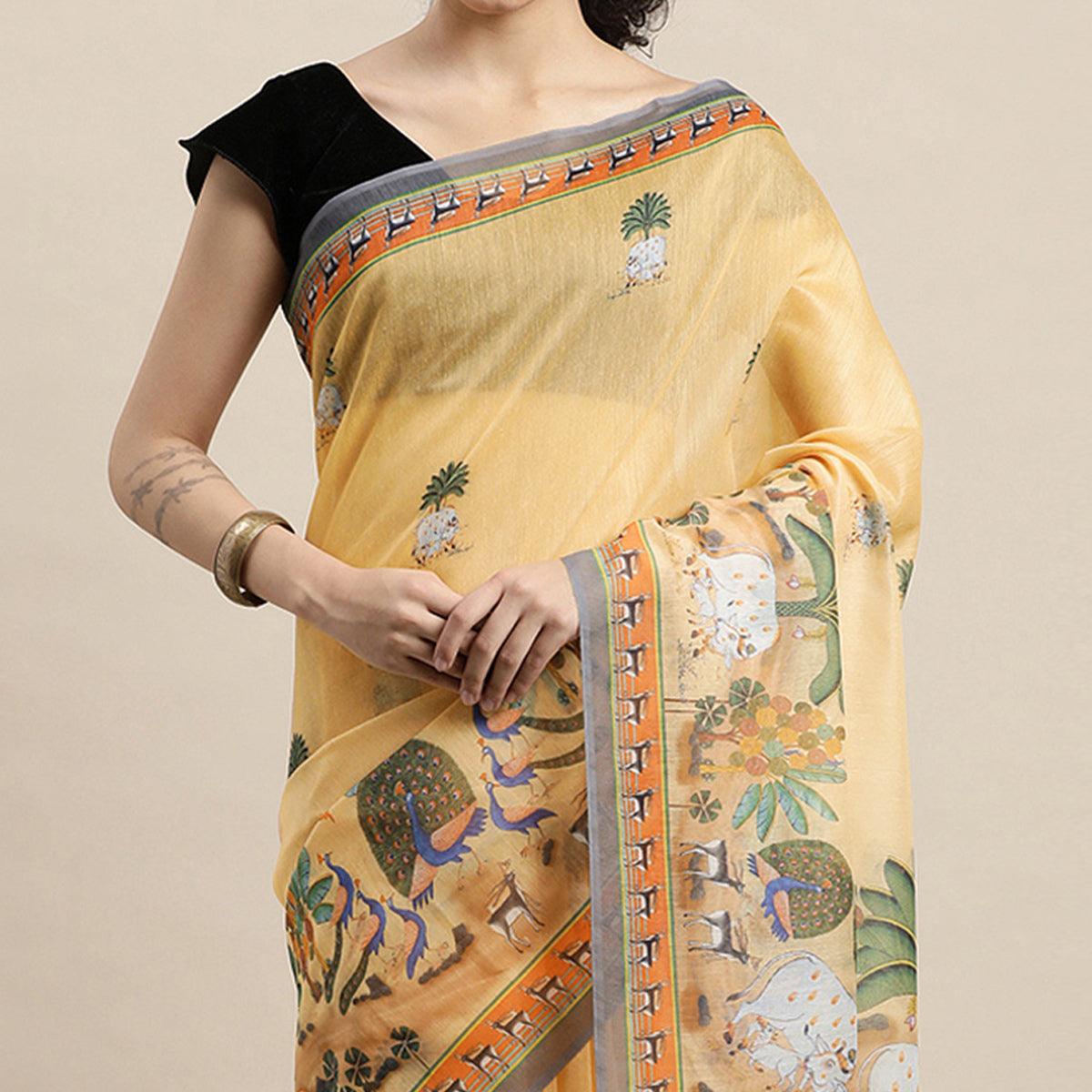 Light Yellow Casual Wear Floral Printed Cotton Saree - Peachmode