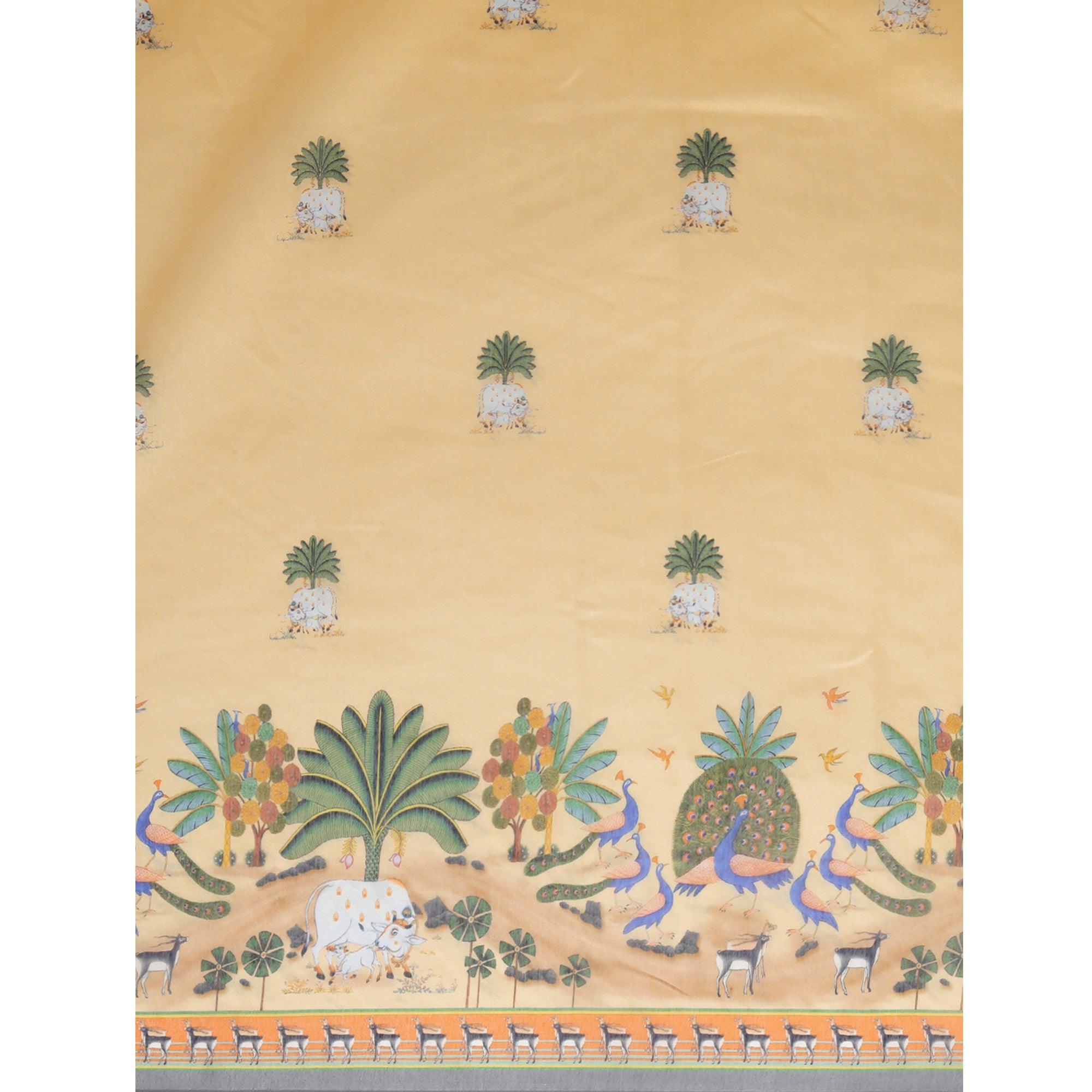 Light Yellow Casual Wear Floral Printed Cotton Saree - Peachmode