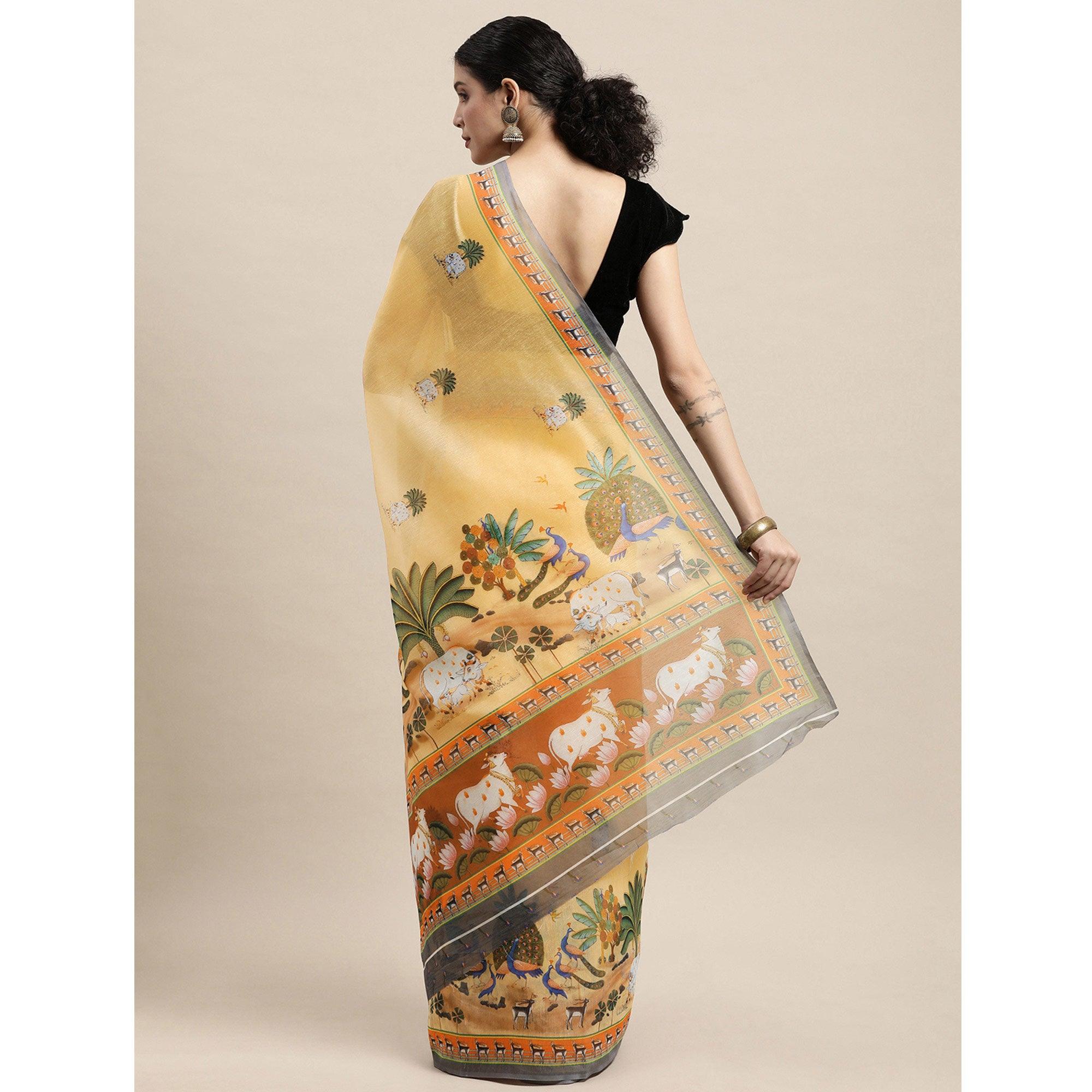 Light Yellow Casual Wear Floral Printed Cotton Saree - Peachmode