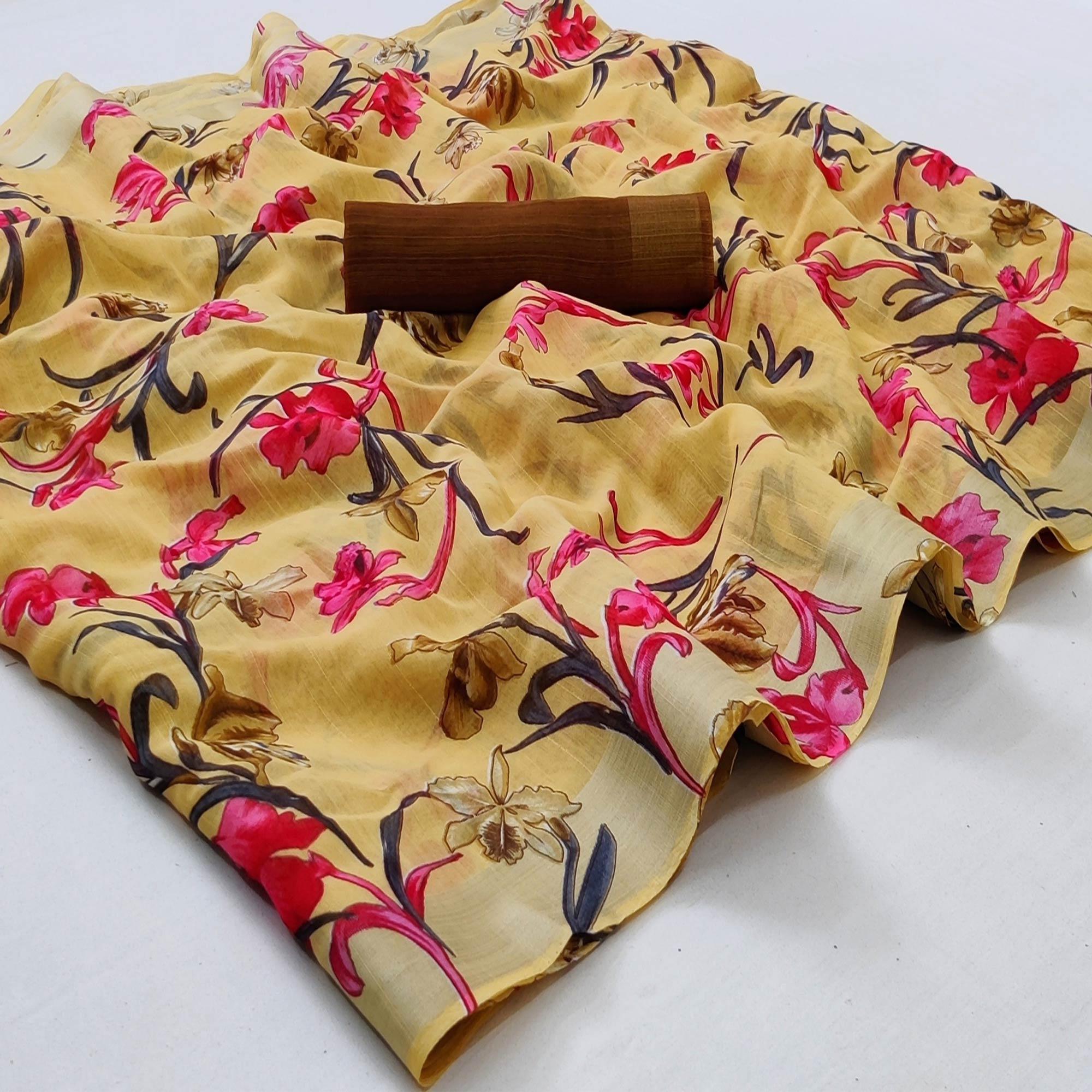 Light Yellow Casual Wear Floral Printed Linen Saree With Silver Border - Peachmode