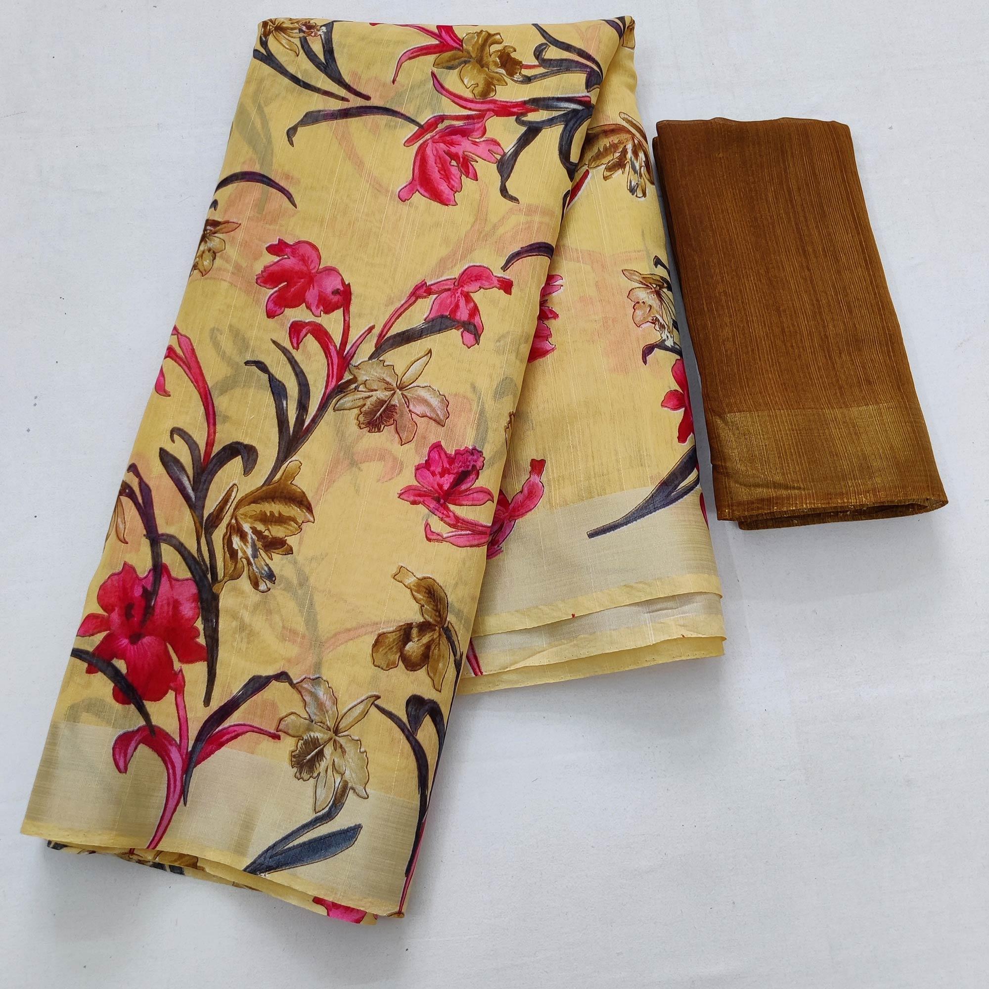 Light Yellow Casual Wear Floral Printed Linen Saree With Silver Border - Peachmode