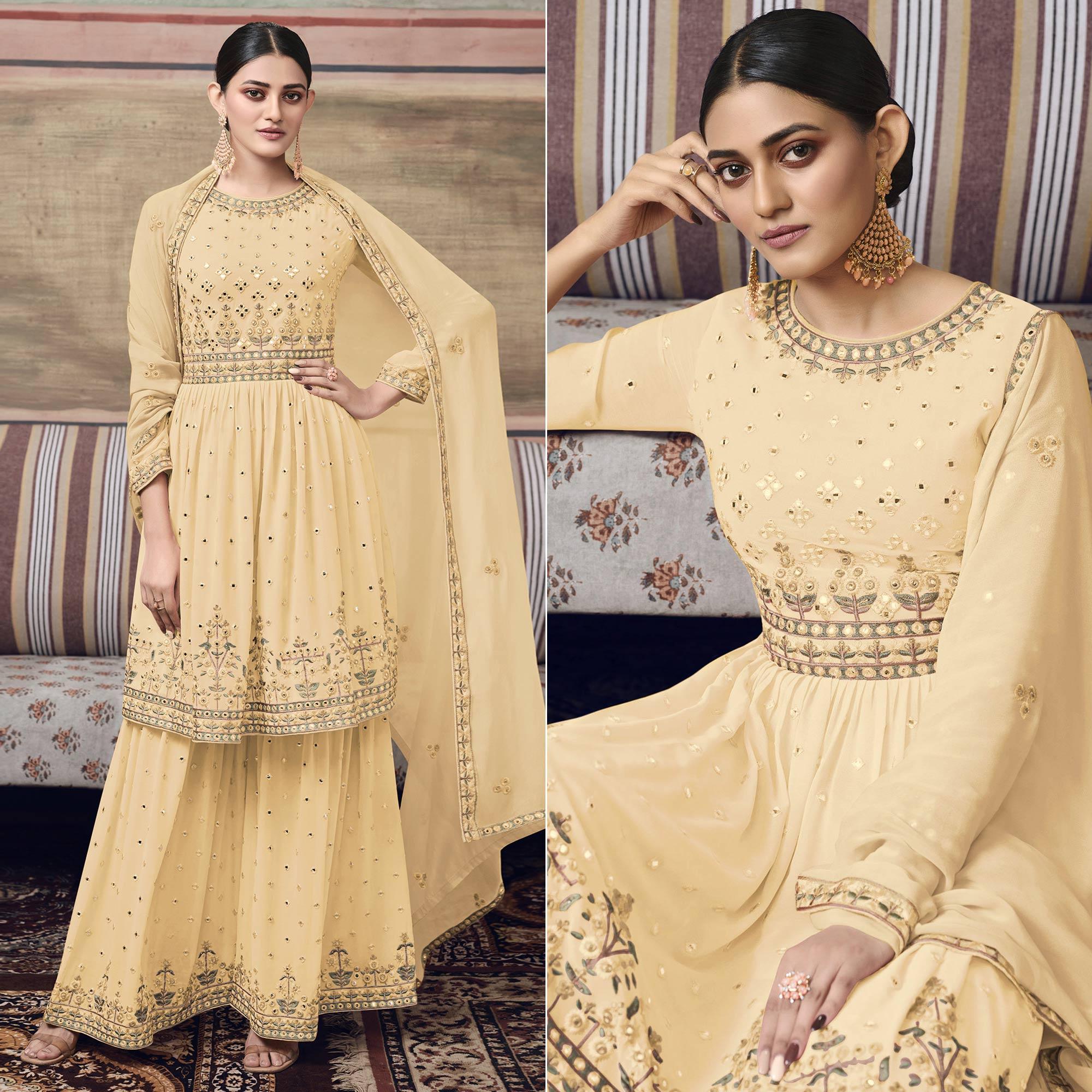 Light Yellow Embroidered Georgette Sharara Suit - Peachmode