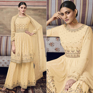Light Yellow Embroidered Georgette Sharara Suit - Peachmode