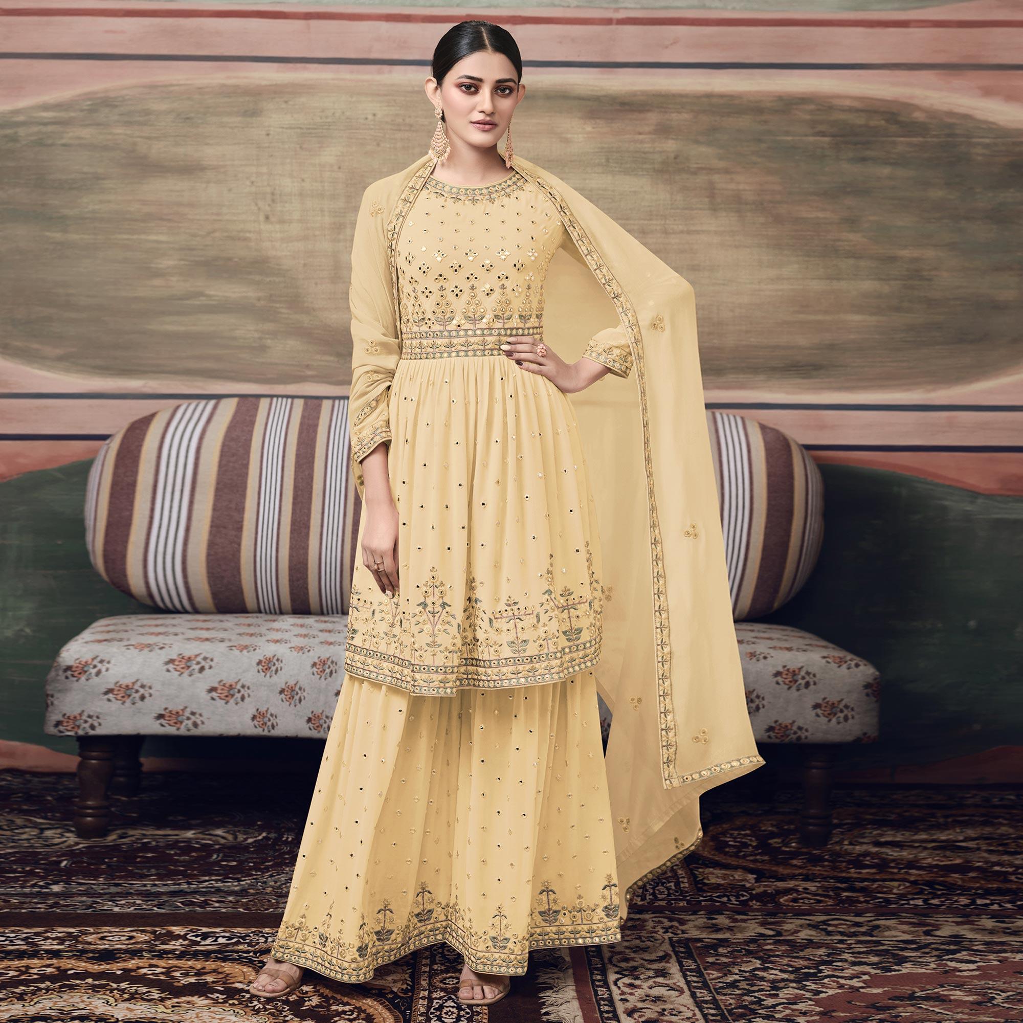 Light Yellow Embroidered Georgette Sharara Suit - Peachmode