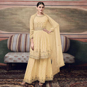 Light Yellow Embroidered Georgette Sharara Suit - Peachmode