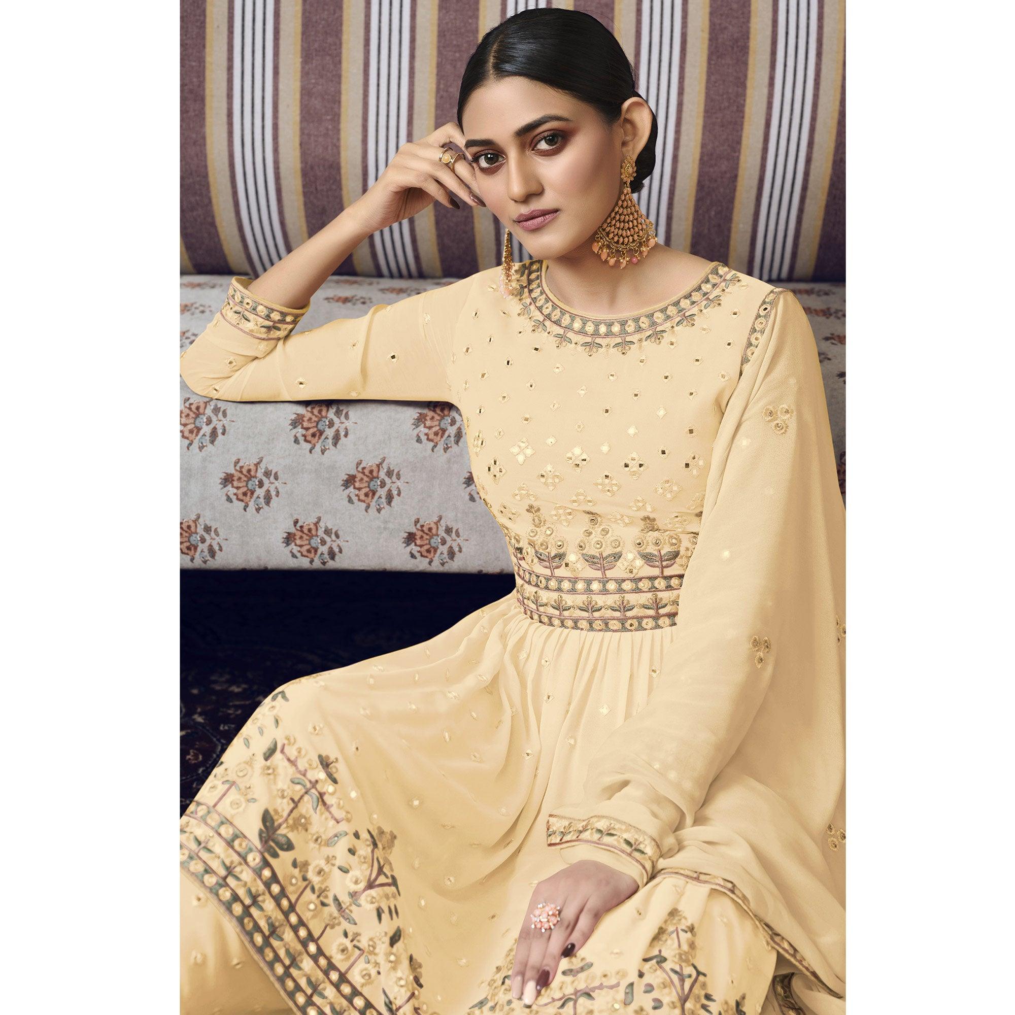 Light Yellow Embroidered Georgette Sharara Suit - Peachmode