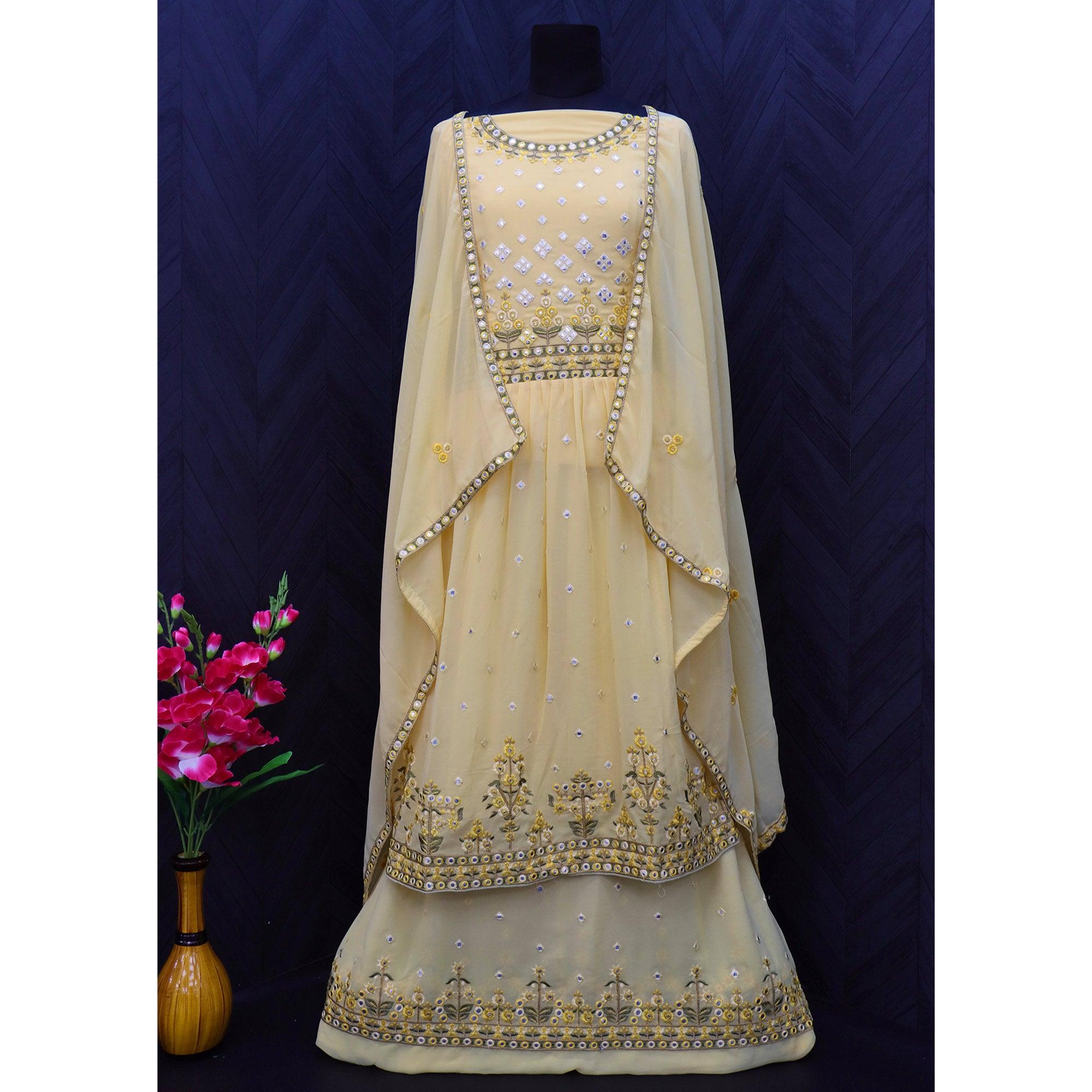 Light Yellow Embroidered Georgette Sharara Suit - Peachmode