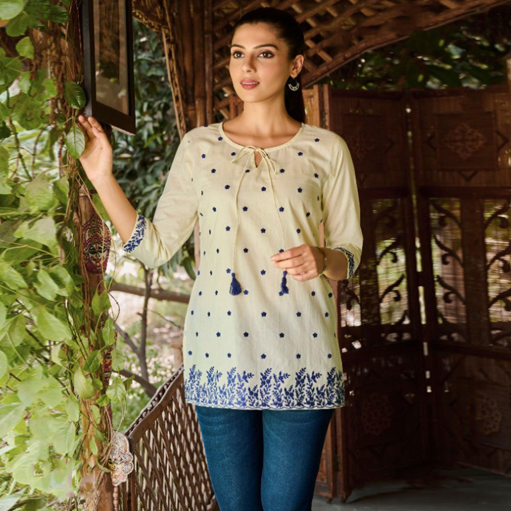 Light Yellow Embroidered Pure Cotton Top - Peachmode