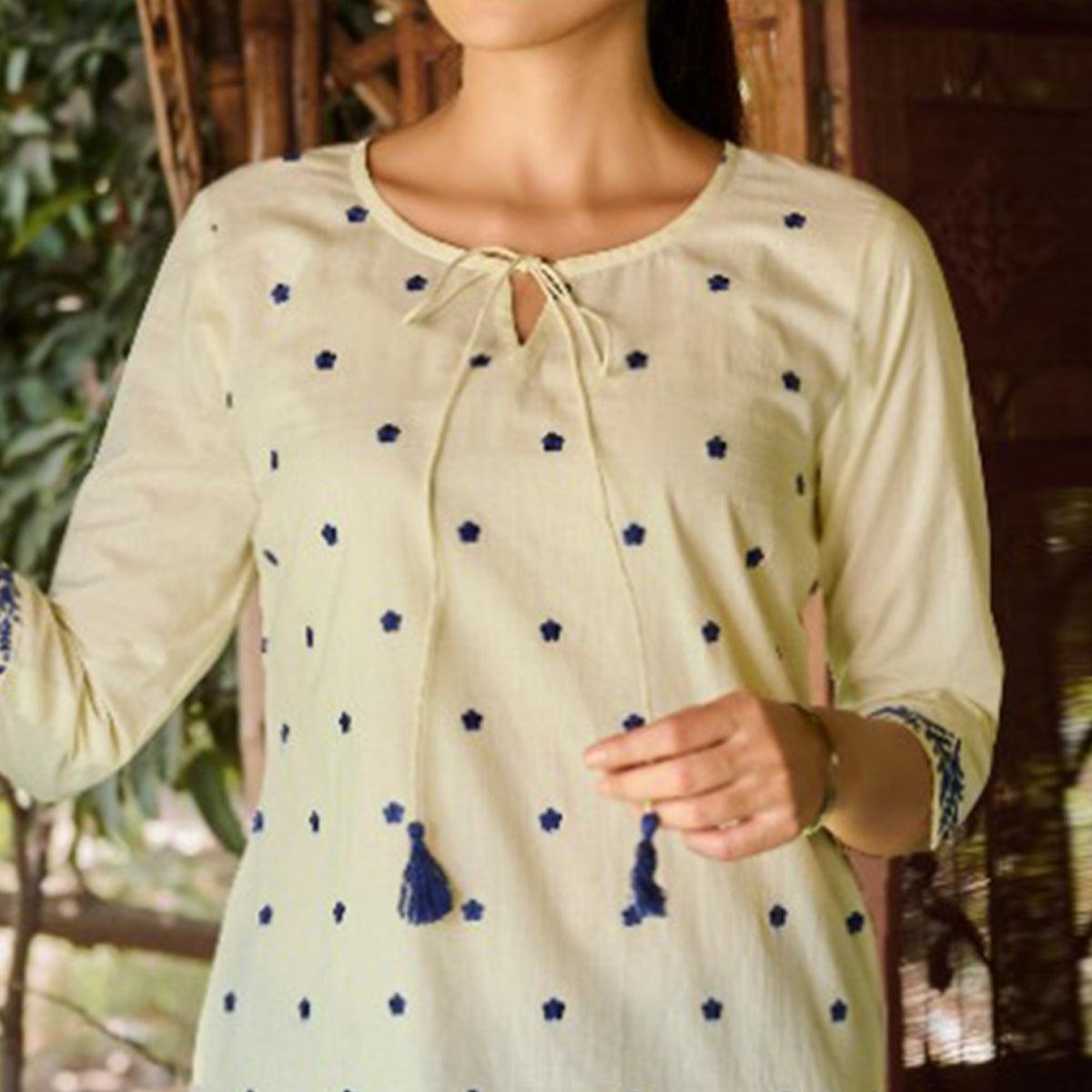Light Yellow Embroidered Pure Cotton Top - Peachmode