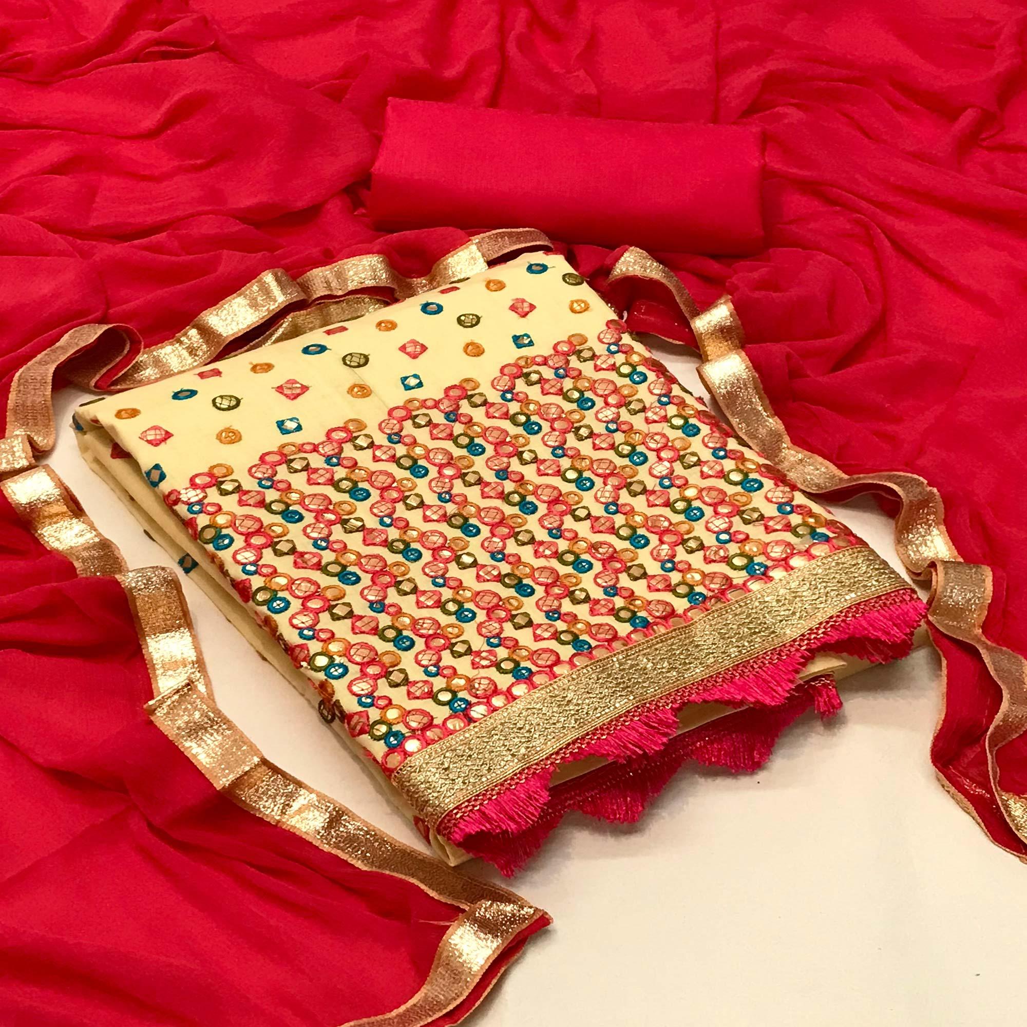 Light Yellow Festive Wear Embroidery With Embellished Cotton Dress Material - Peachmode
