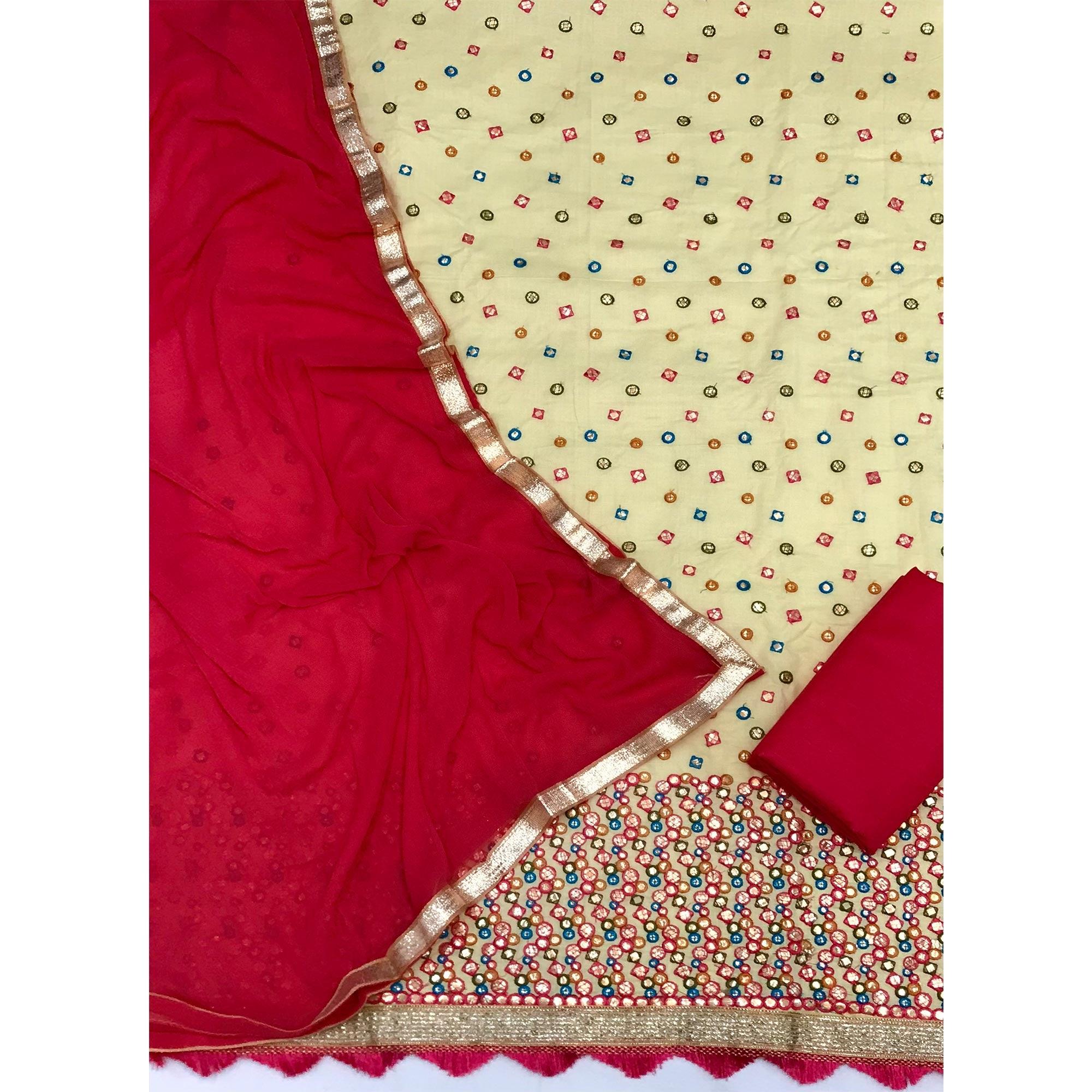 Light Yellow Festive Wear Embroidery With Embellished Cotton Dress Material - Peachmode