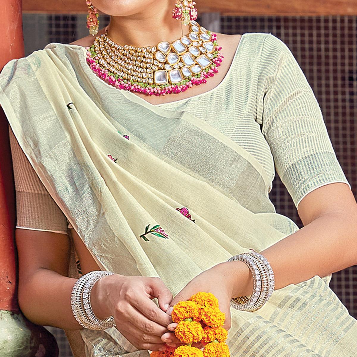 Light Yellow Festive Wear Printed Linen Saree - Peachmode