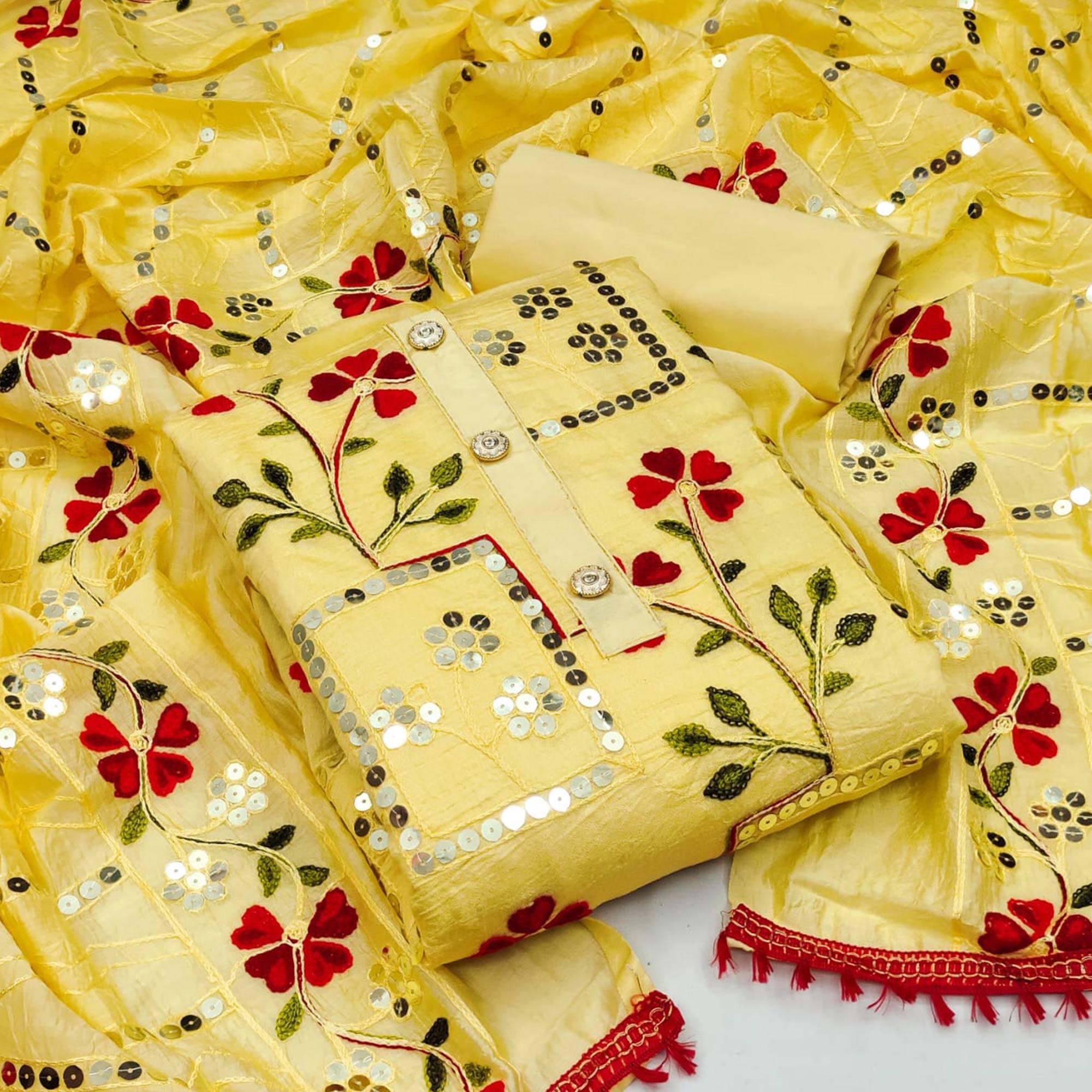 Light Yellow Festive Wear Sequence Embroidered Chanderi Dress Material - Peachmode
