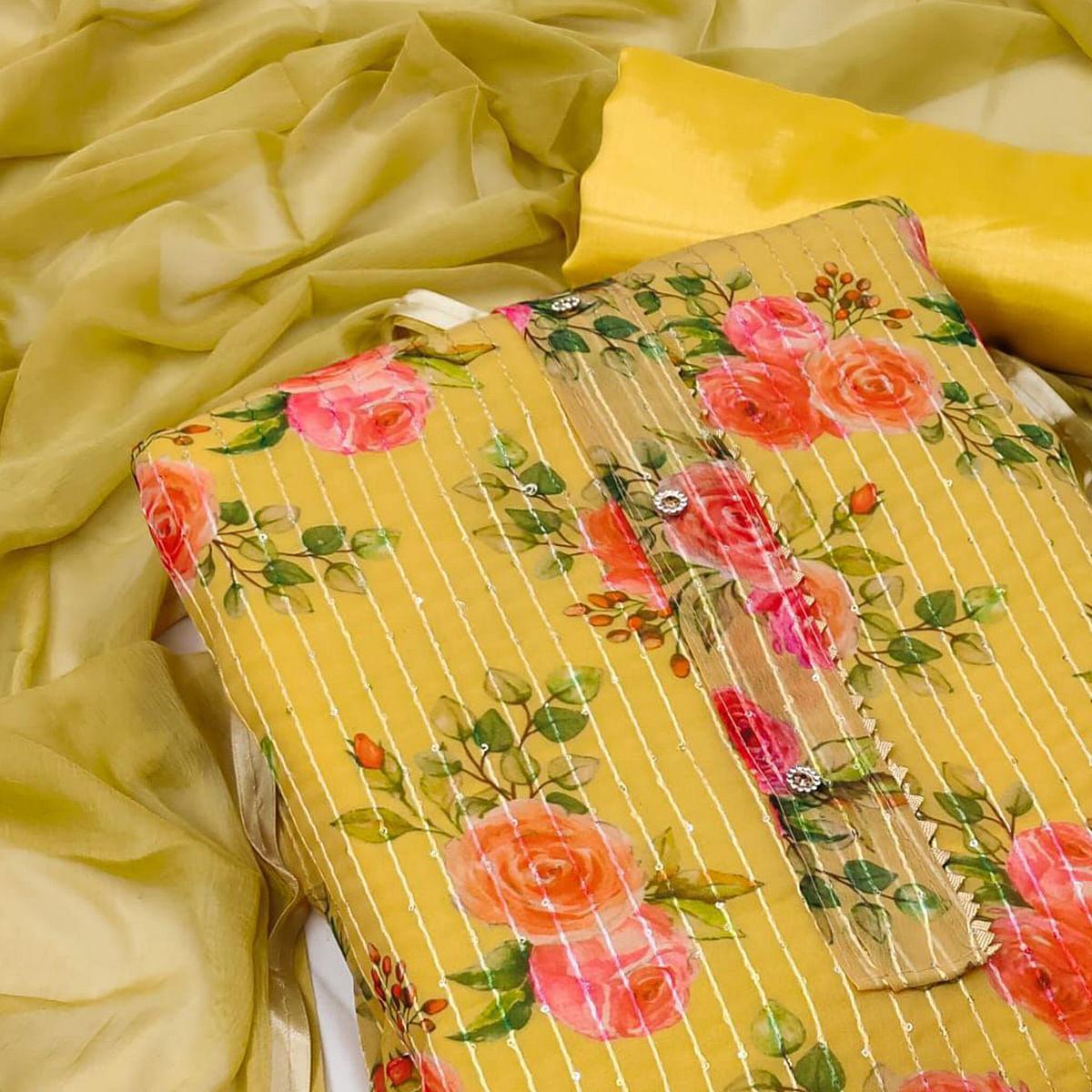 Light Yellow Festive Wear Sequence Embroidered Georgette Dress Material - Peachmode