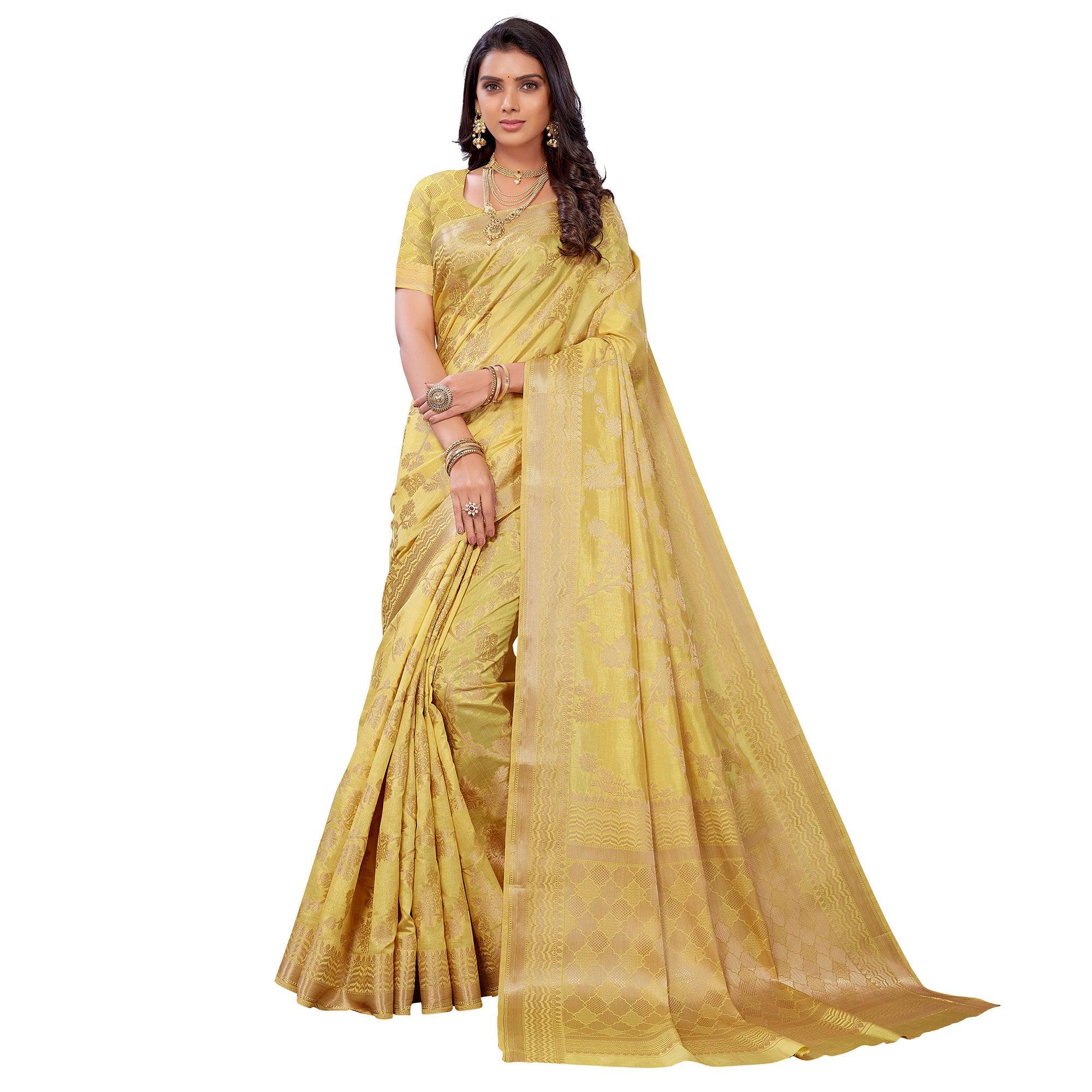 Light Yellow Festive Wear Woven Art Silk Saree - Peachmode