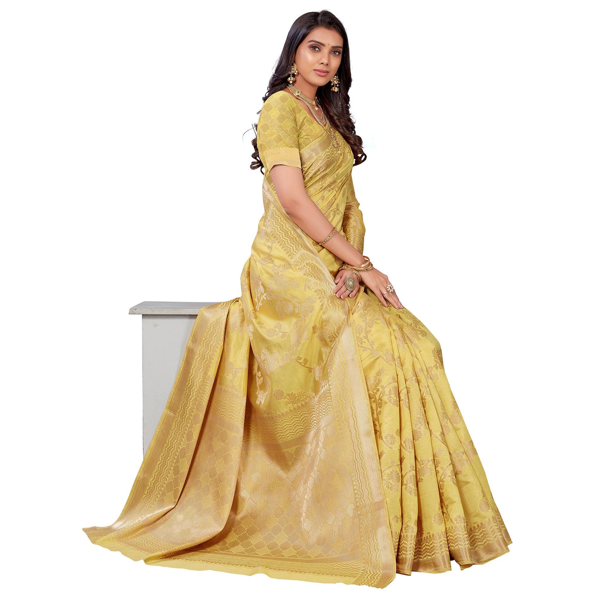 Light Yellow Festive Wear Woven Art Silk Saree - Peachmode