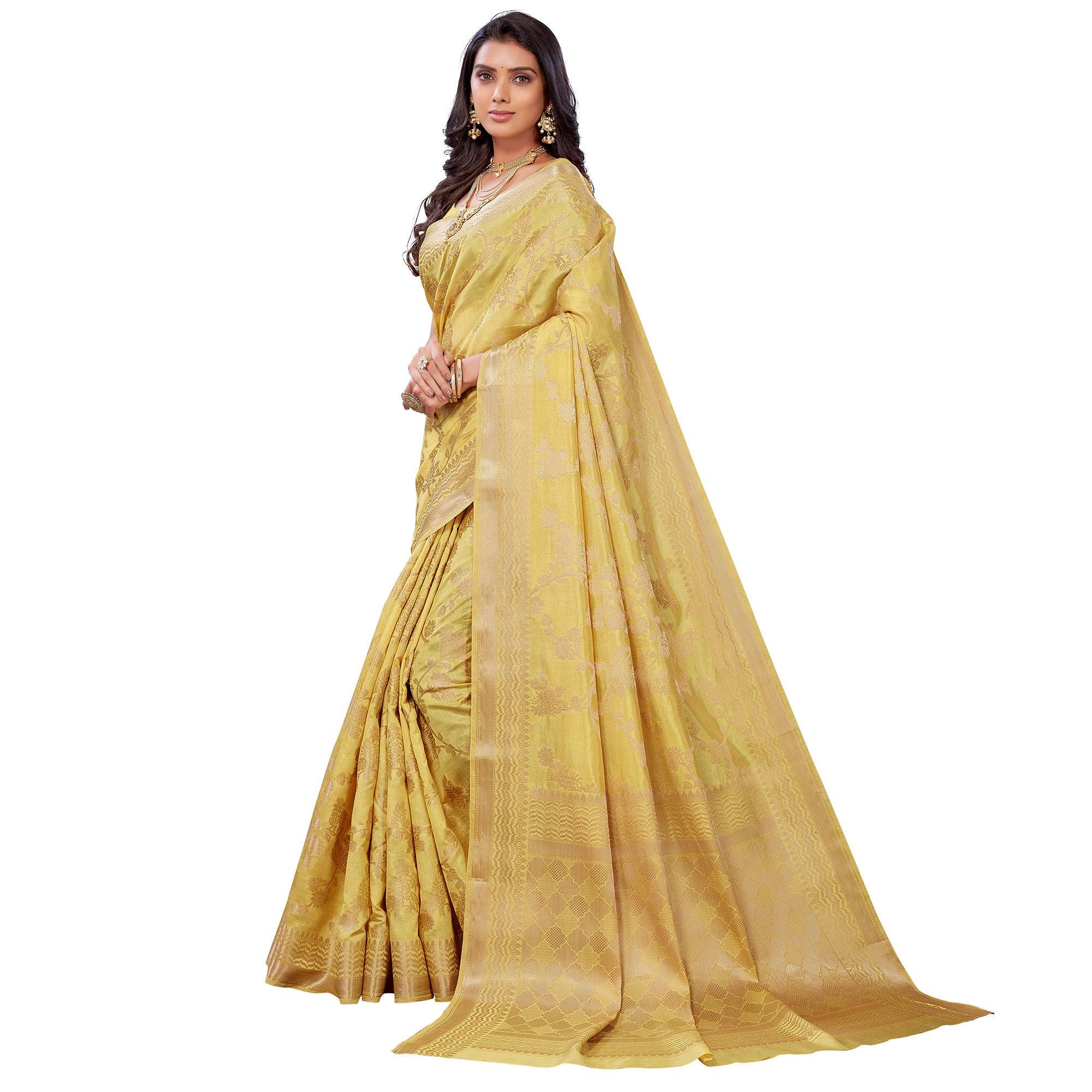 Light Yellow Festive Wear Woven Art Silk Saree - Peachmode