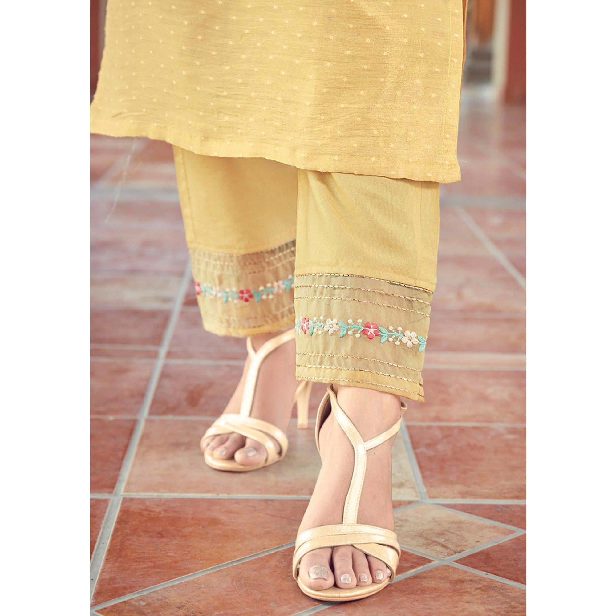 Light Yellow Floral Embroidered Viscose Kurti - Pant Set With Dupatta - Peachmode