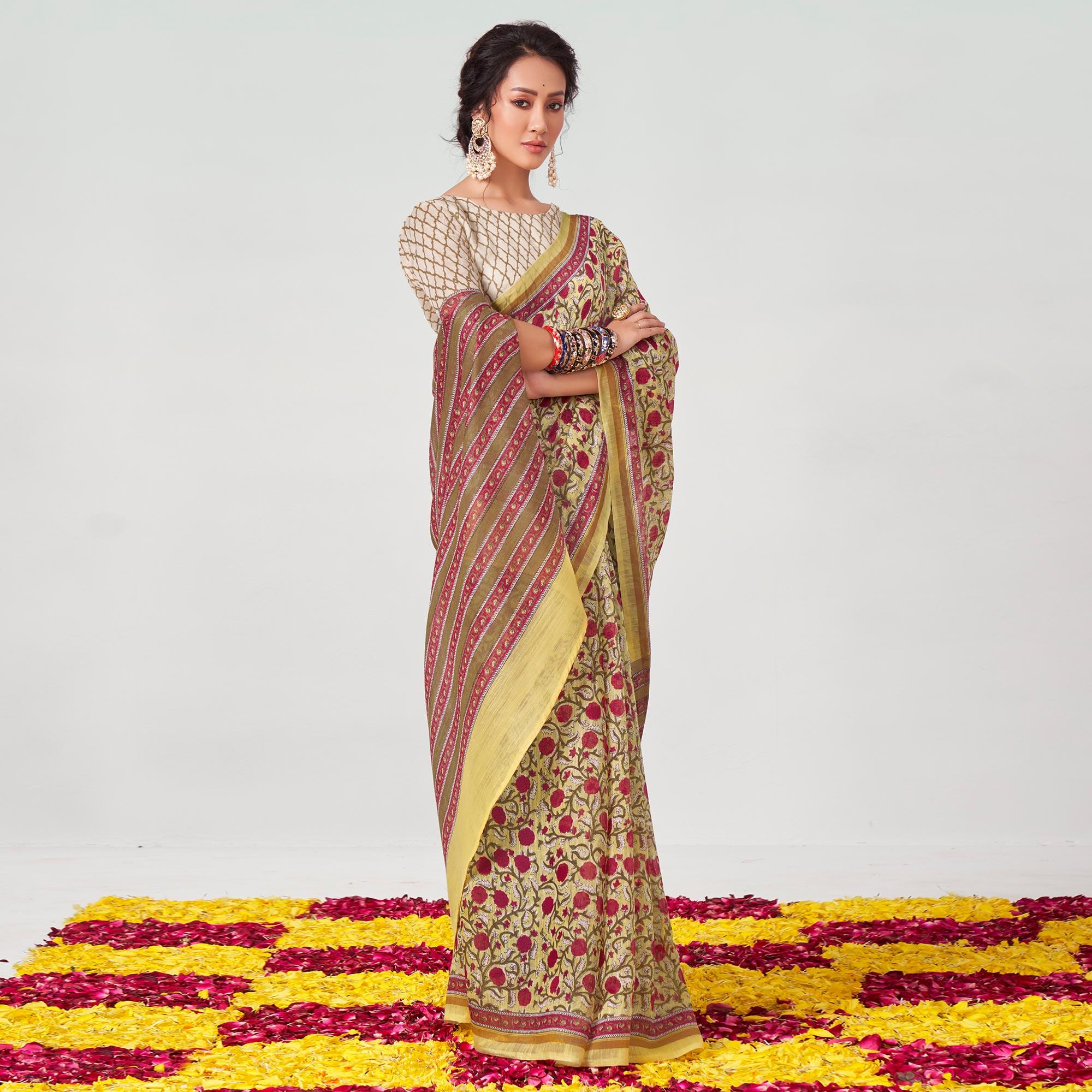 Light Yellow Floral Printed Chanderi Saree - Peachmode