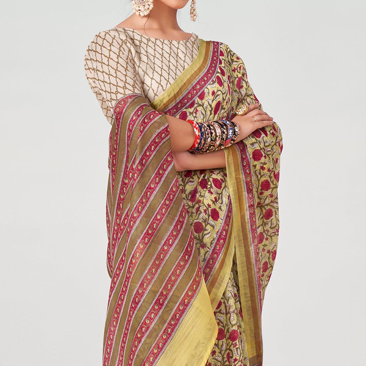 Light Yellow Floral Printed Chanderi Saree - Peachmode