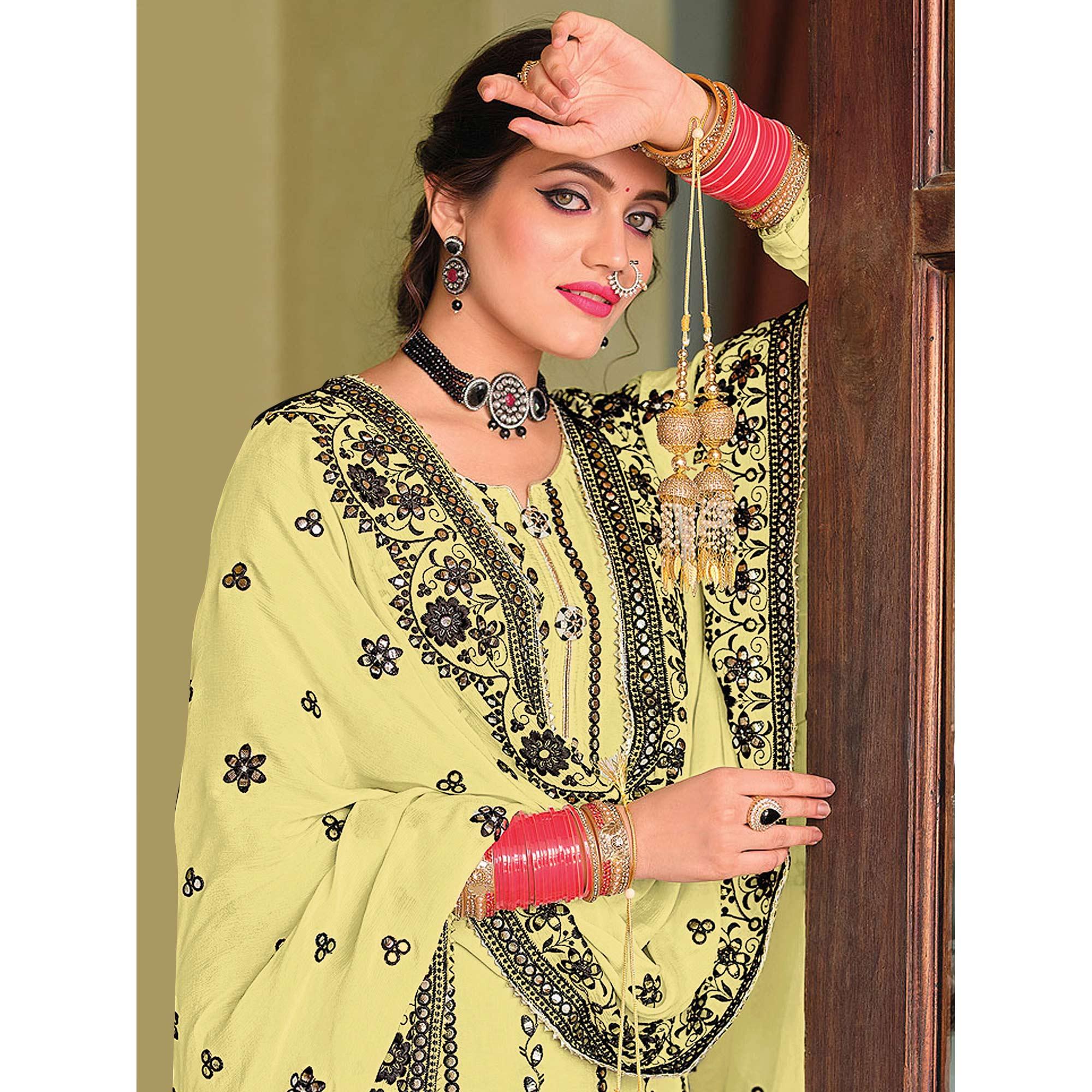 Light Yellow Partywear Designer Floral Embroidered Georgette Palazzo Suit - Peachmode