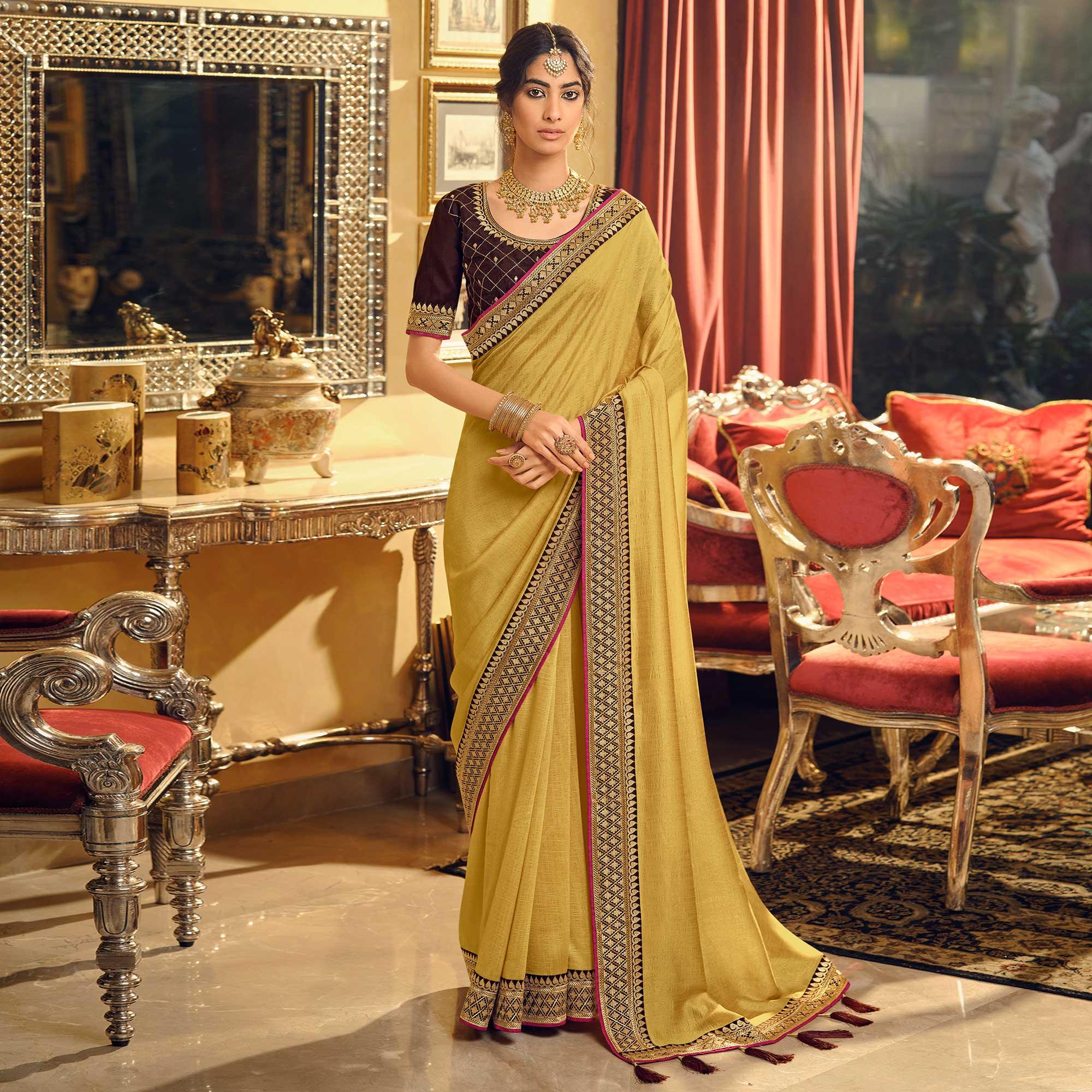 Light Yellow Partywear Embroidered Silk Saree - Peachmode