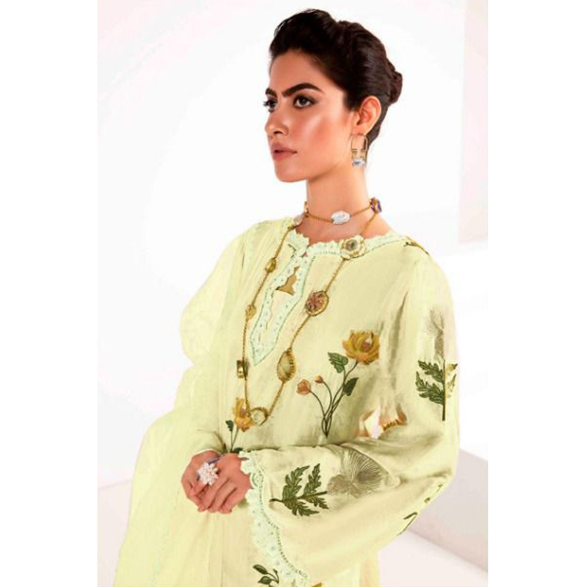 Light Yellow Partywear Floral Embroidered Georgette Pakistani Suit - Peachmode