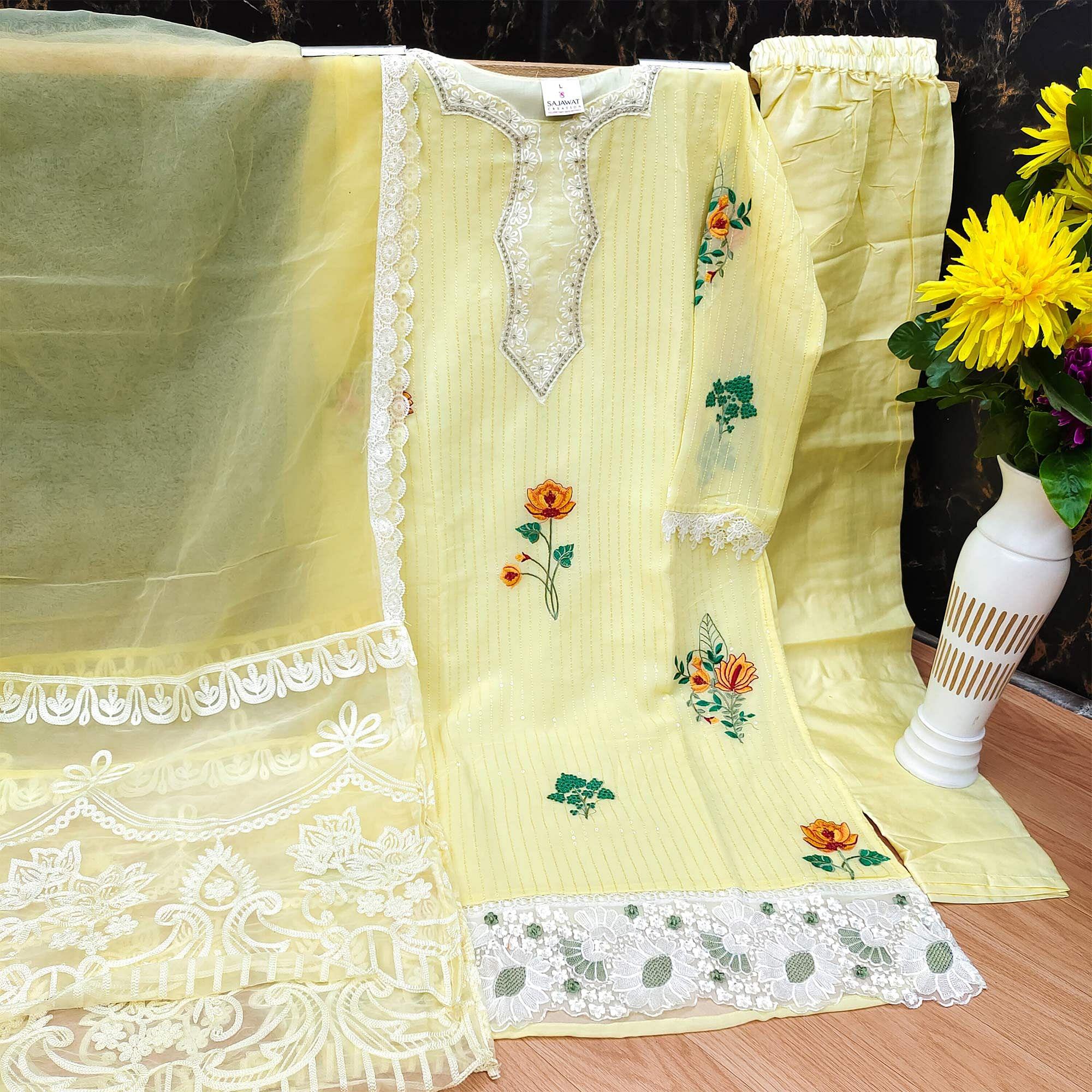 Light Yellow Partywear Floral Embroidered Georgette Pakistani Suit - Peachmode