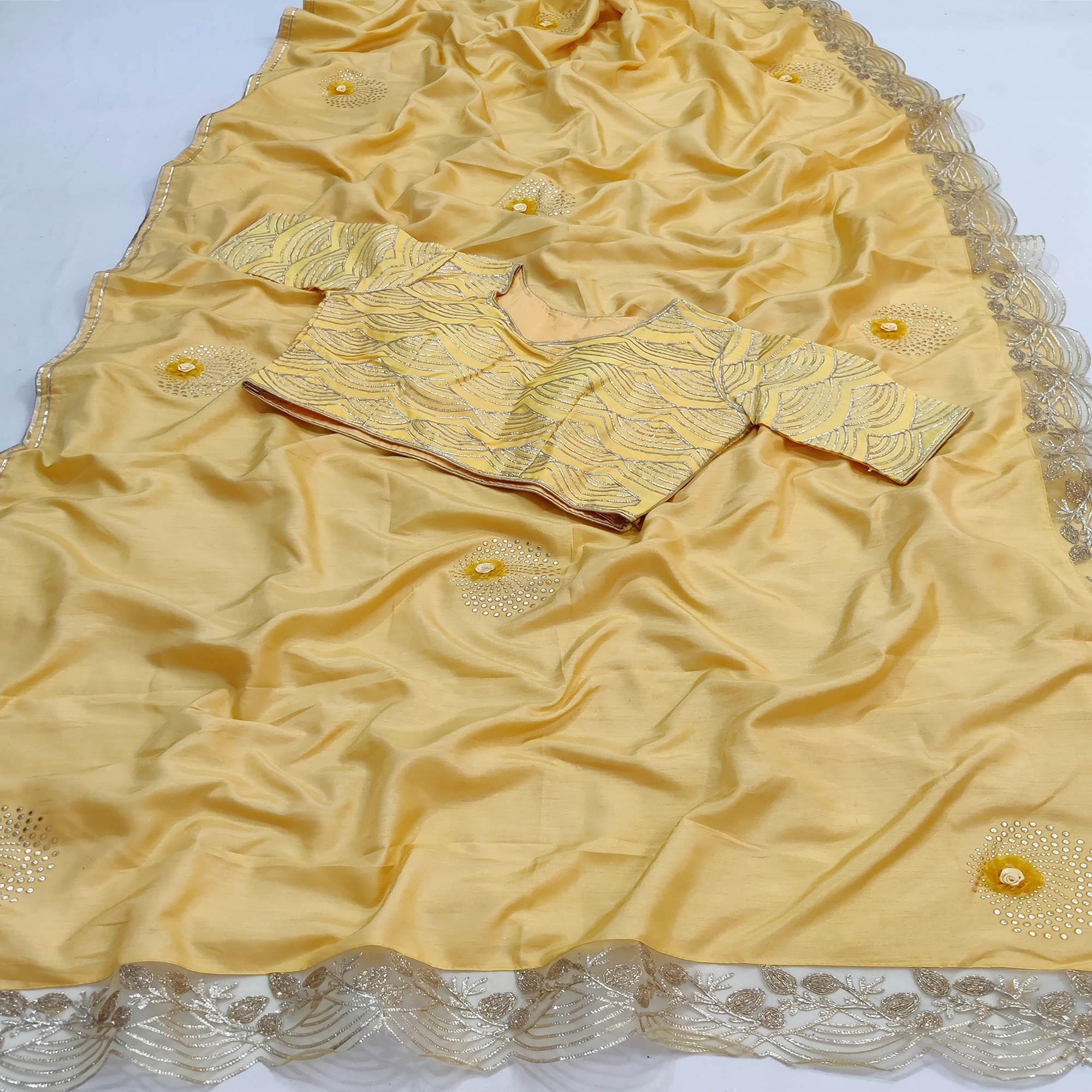 Light Yellow Partywear Floral Mukeish Embroidered Dola Silk Saree - Peachmode