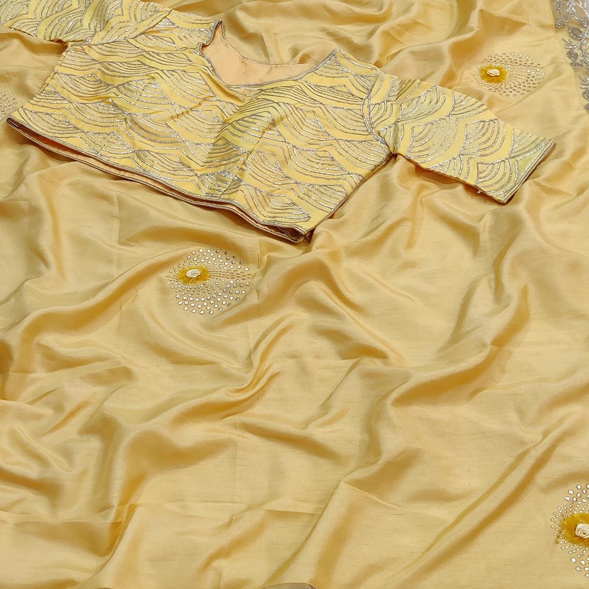 Light Yellow Partywear Floral Mukeish Embroidered Dola Silk Saree - Peachmode