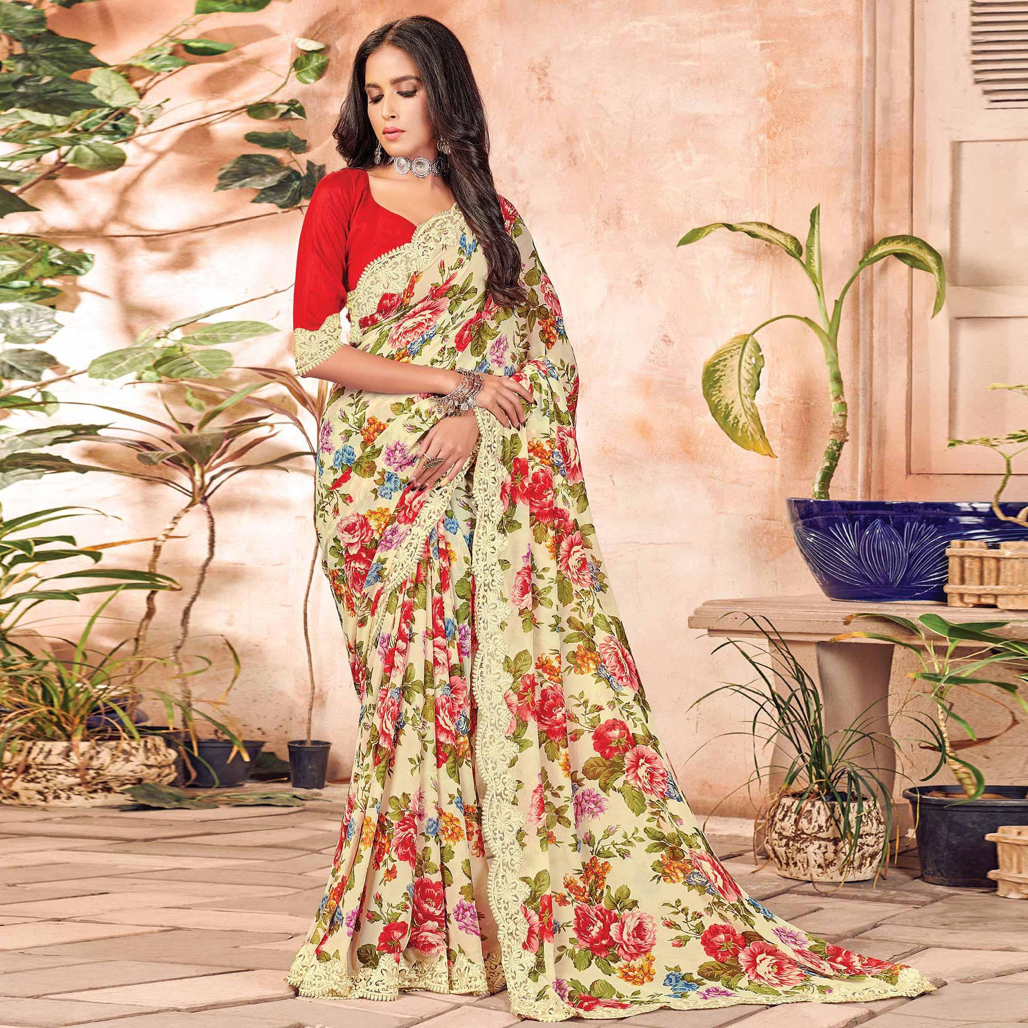 Light Yellow Partywear Floral Printed Georgette Saree Designer Lace - Peachmode