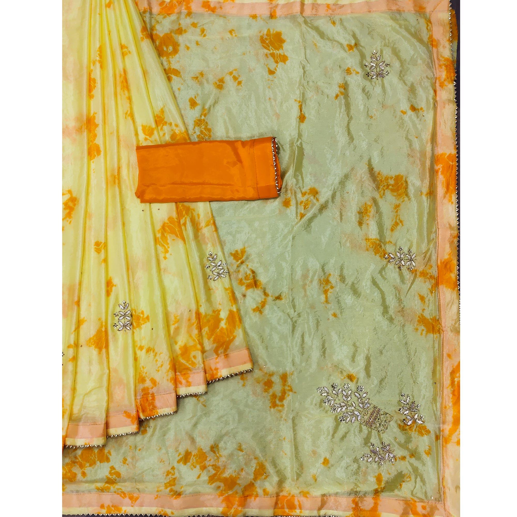 Light Yellow Printed Chiffon Saree - Peachmode