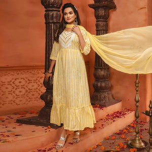 Light Yellow Printed-Embroidered Poly Cotton Gown With Dupatta - Peachmode