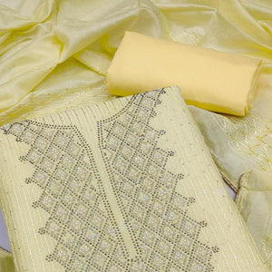 Light Yellow Sequence Embroidered Dress Material - Peachmode