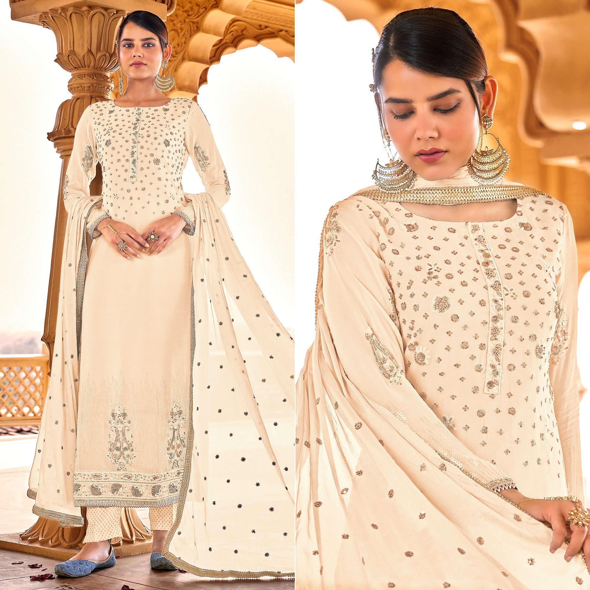 Light Yellow Sequence Embroidered Georgette Suit - Peachmode