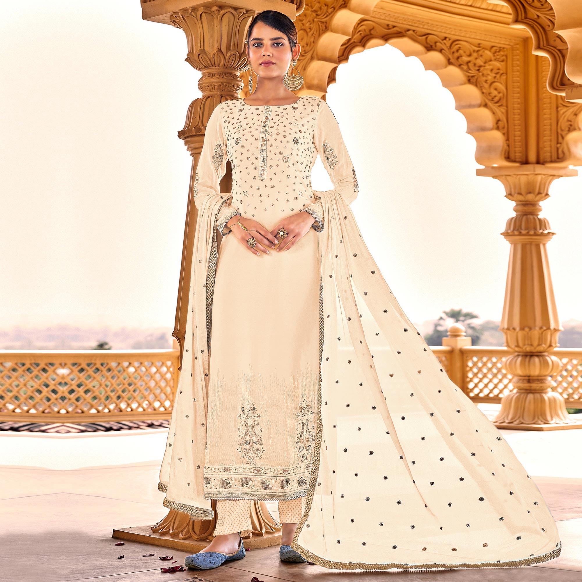 Light Yellow Sequence Embroidered Georgette Suit - Peachmode