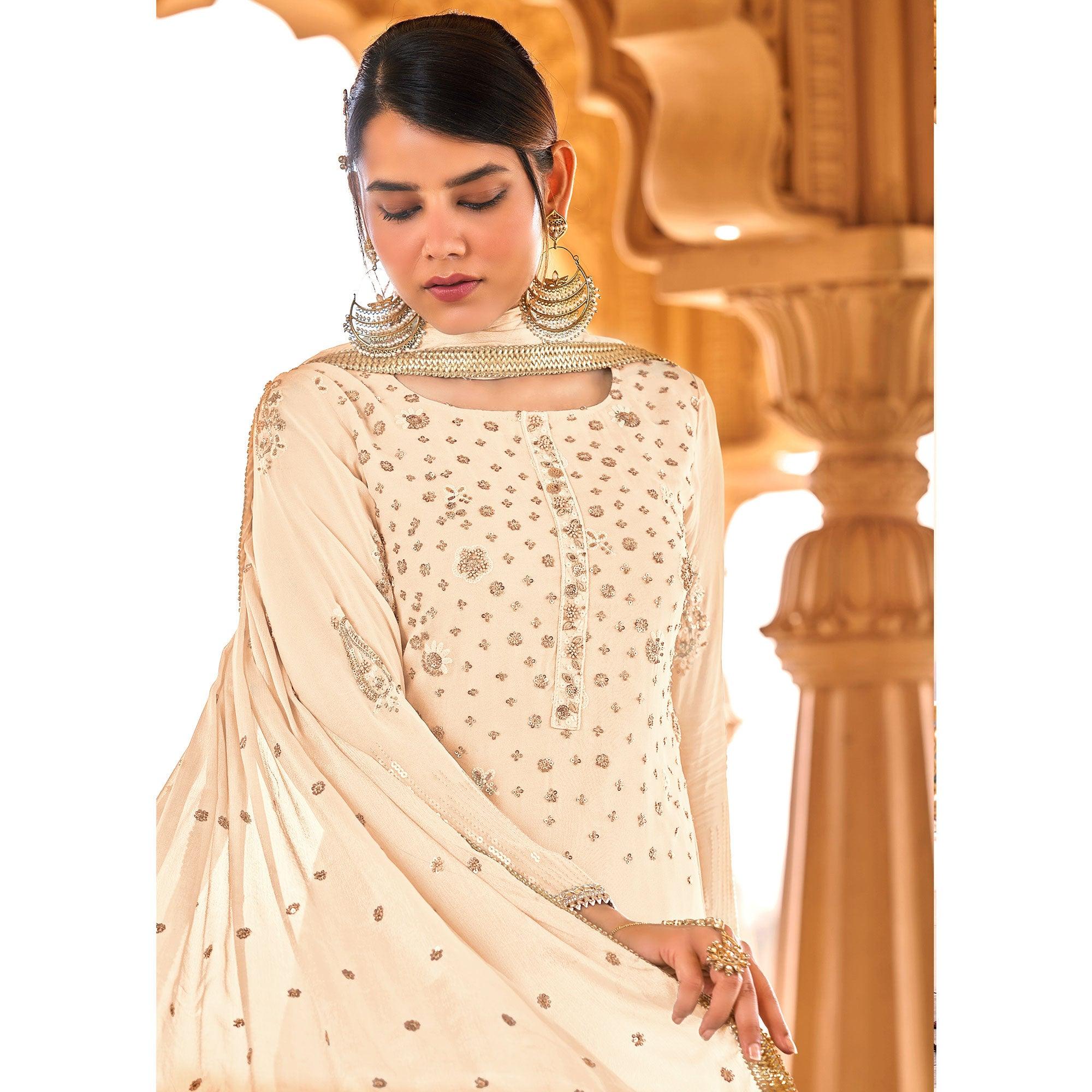 Light Yellow Sequence Embroidered Georgette Suit - Peachmode