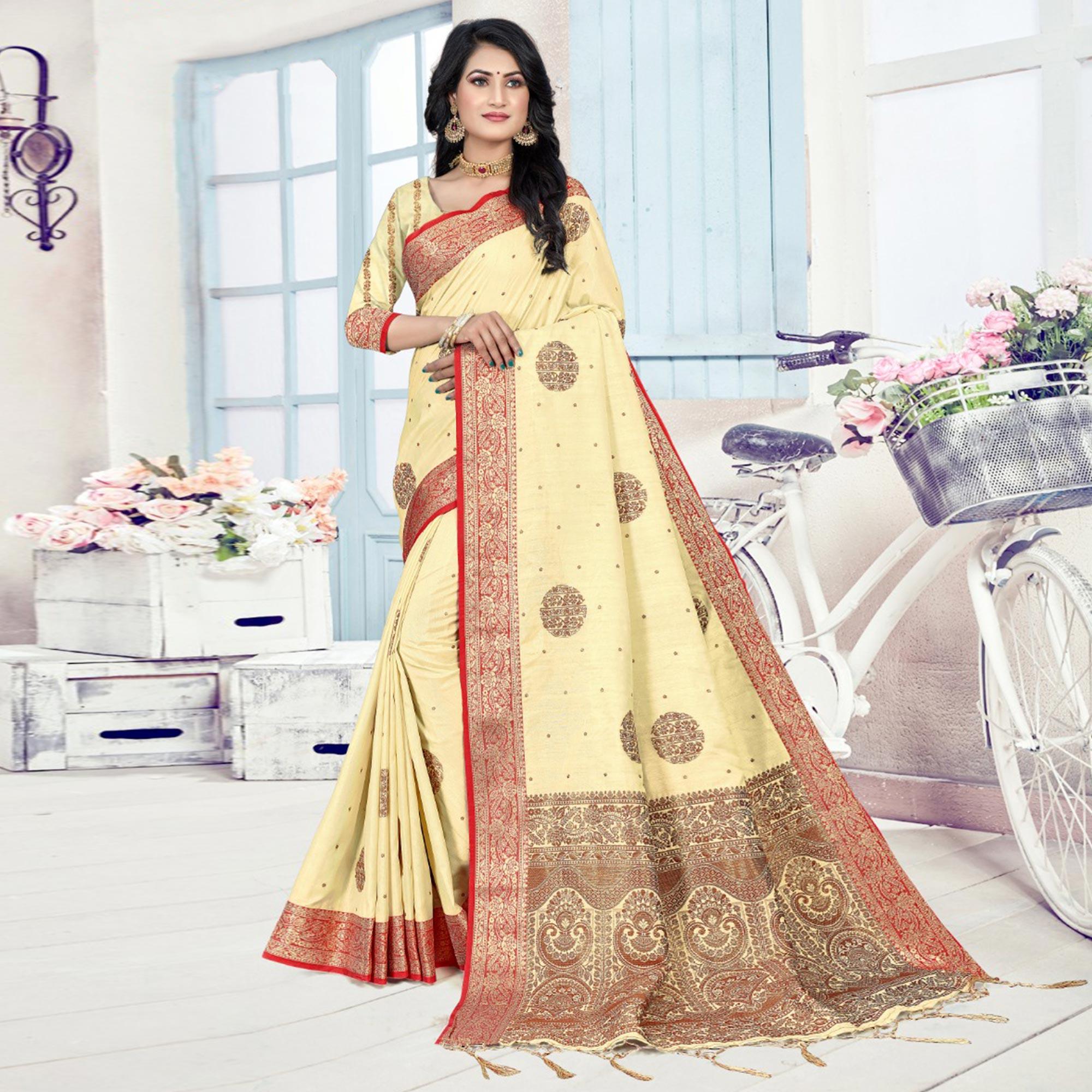 Light Yellow Woven Cotton Silk Saree With Tassels - Peachmode
