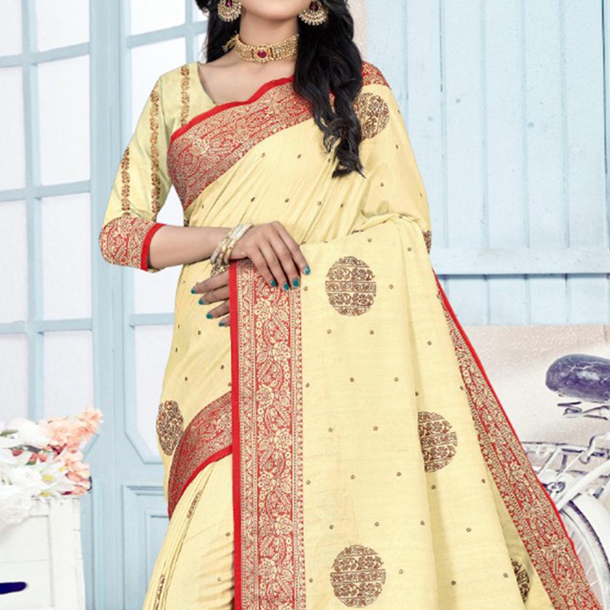 Light Yellow Woven Cotton Silk Saree With Tassels - Peachmode