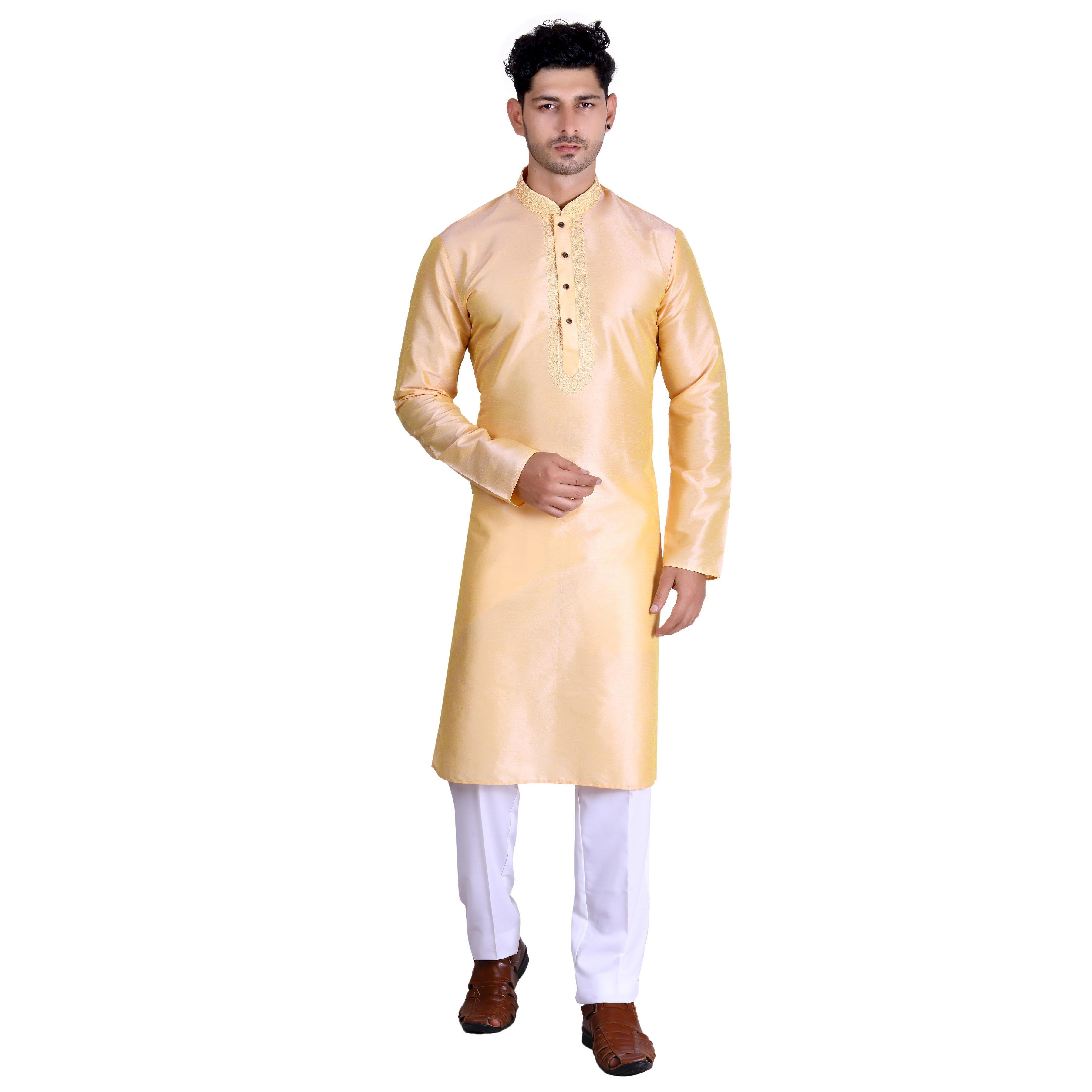 Light Yellow Woven With Embroidered Art Silk Men's Kurta Pyjama Set - Peachmode