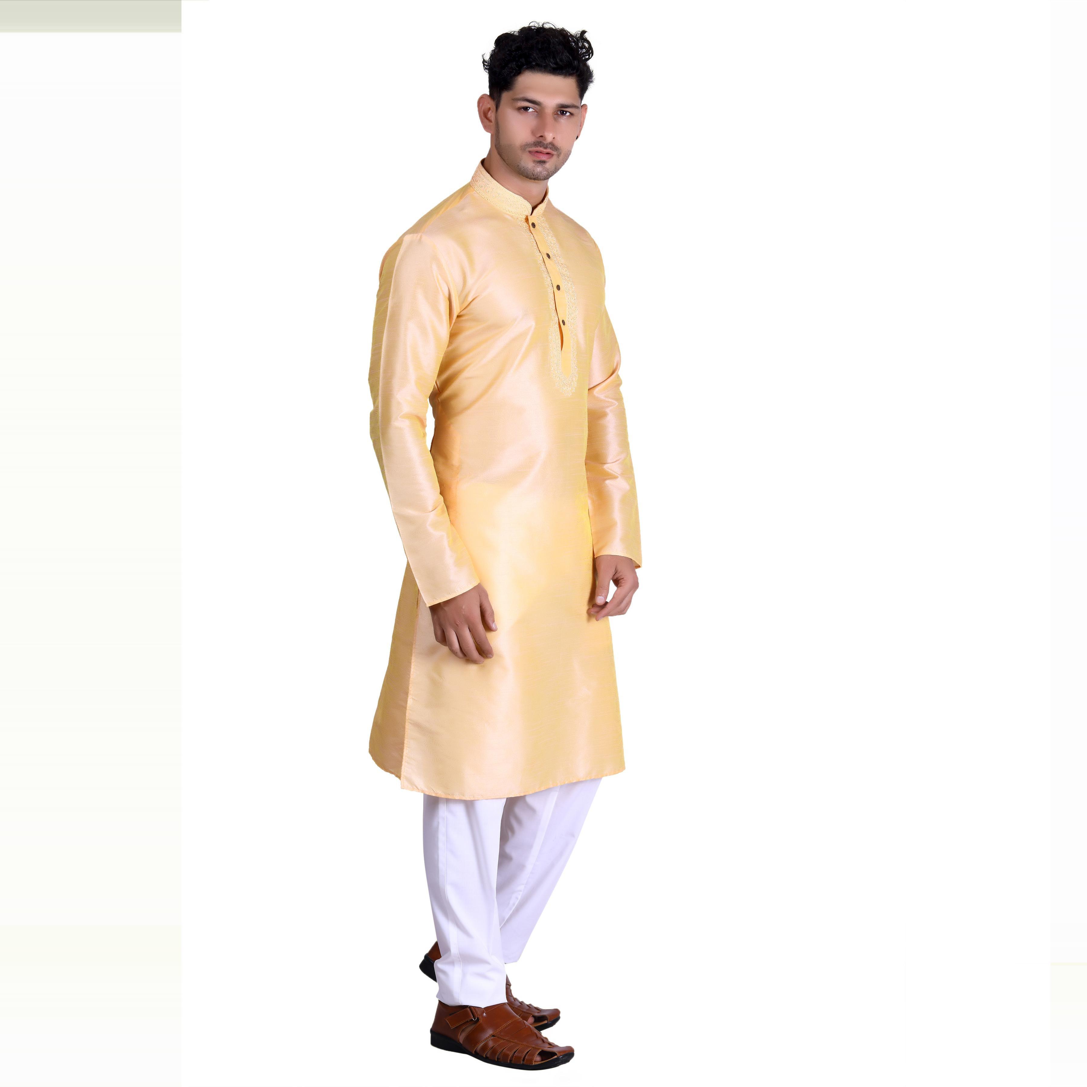 Light Yellow Woven With Embroidered Art Silk Men's Kurta Pyjama Set - Peachmode