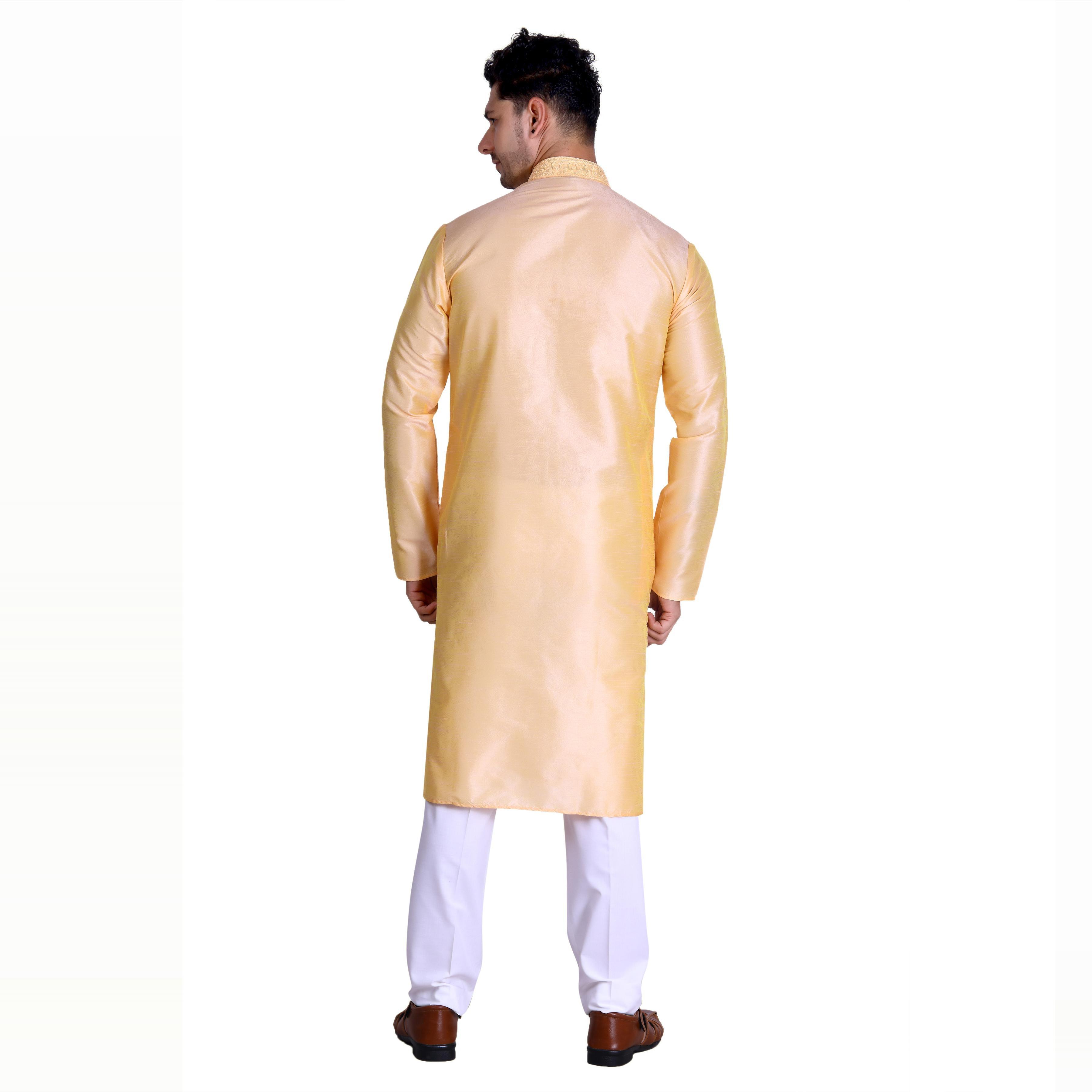 Light Yellow Woven With Embroidered Art Silk Men's Kurta Pyjama Set - Peachmode