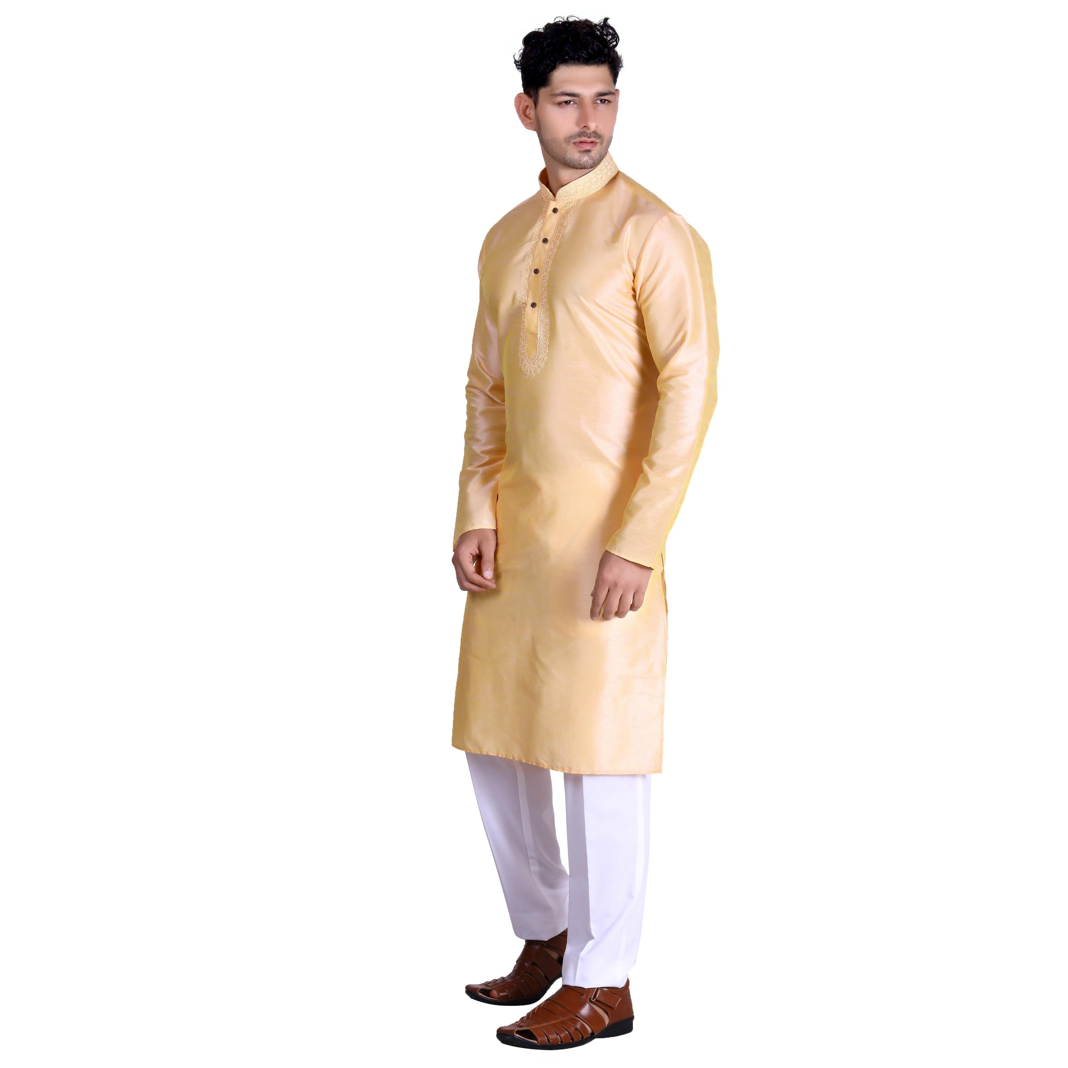 Light Yellow Woven With Embroidered Art Silk Men's Kurta Pyjama Set - Peachmode