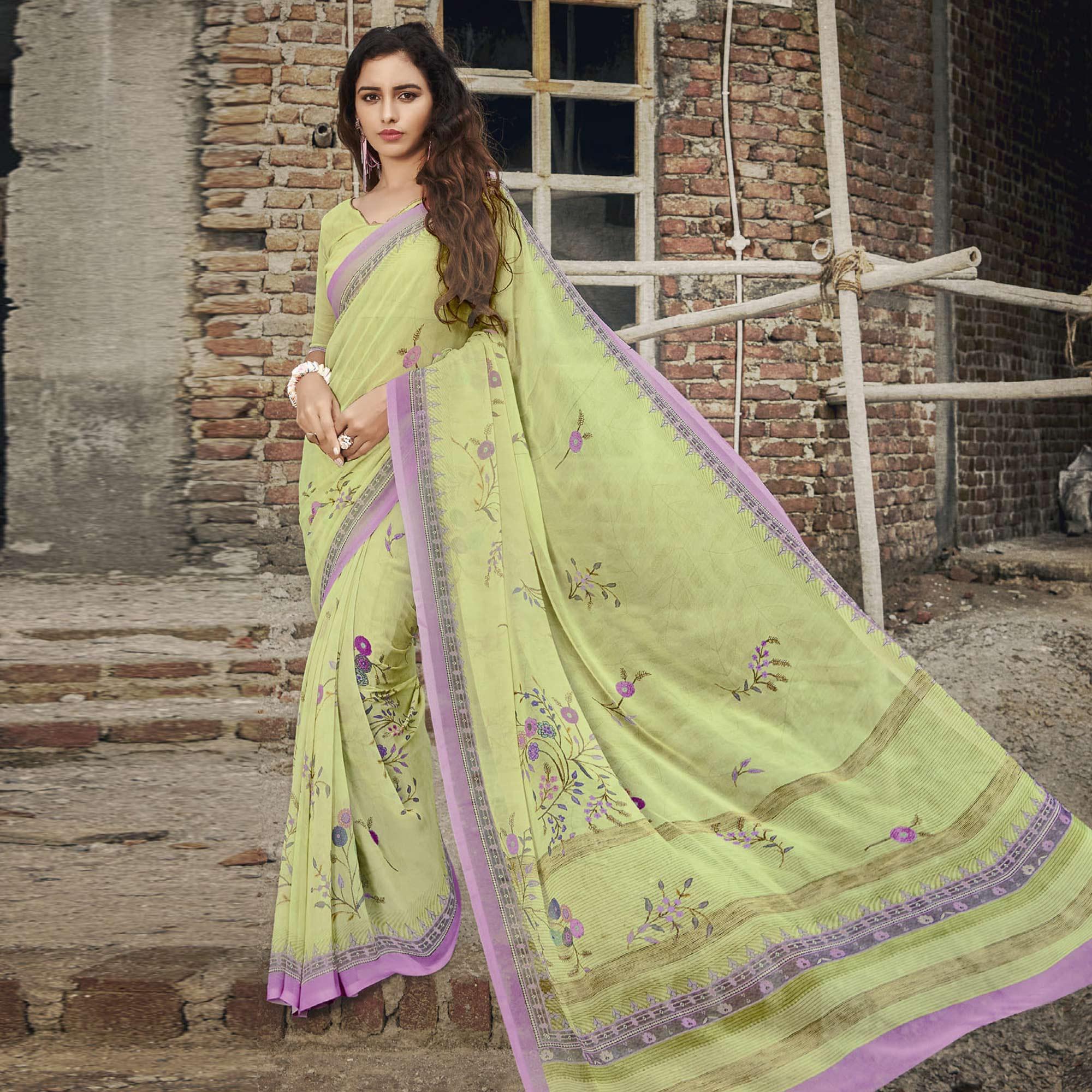 Lime Green Casual Wear Floral Printed Georgette Saree - Peachmode