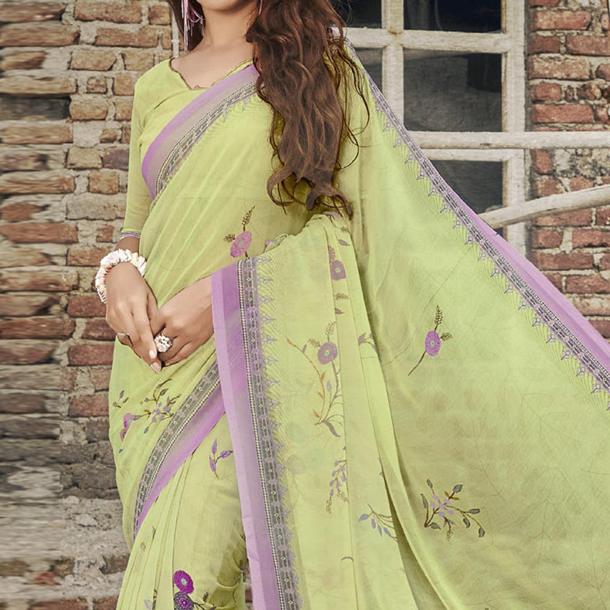 Lime Green Casual Wear Floral Printed Georgette Saree - Peachmode
