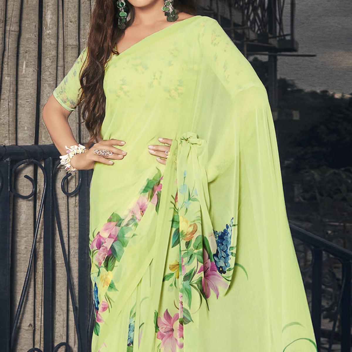 Lime Green Casual Wear Floral Printed Georgette Saree - Peachmode